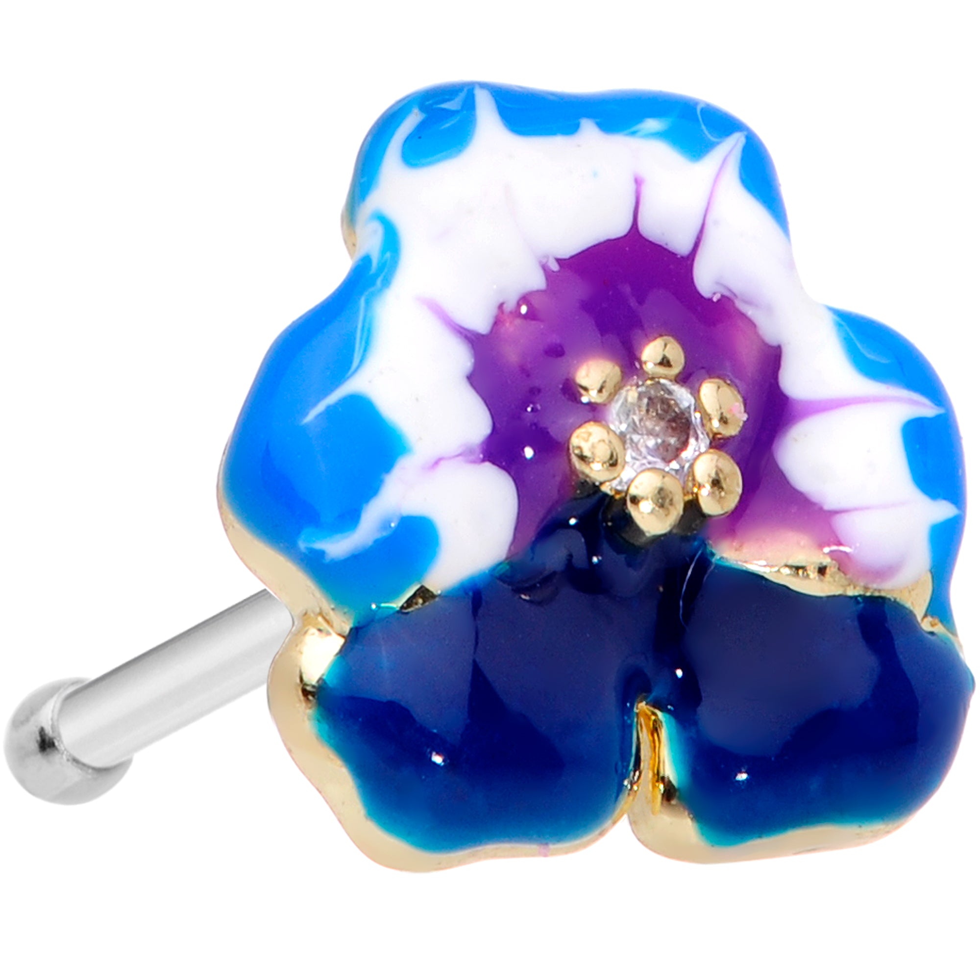 20 Gauge 1/4 Clear CZ Gem Blue Spring Flower Nose Bone