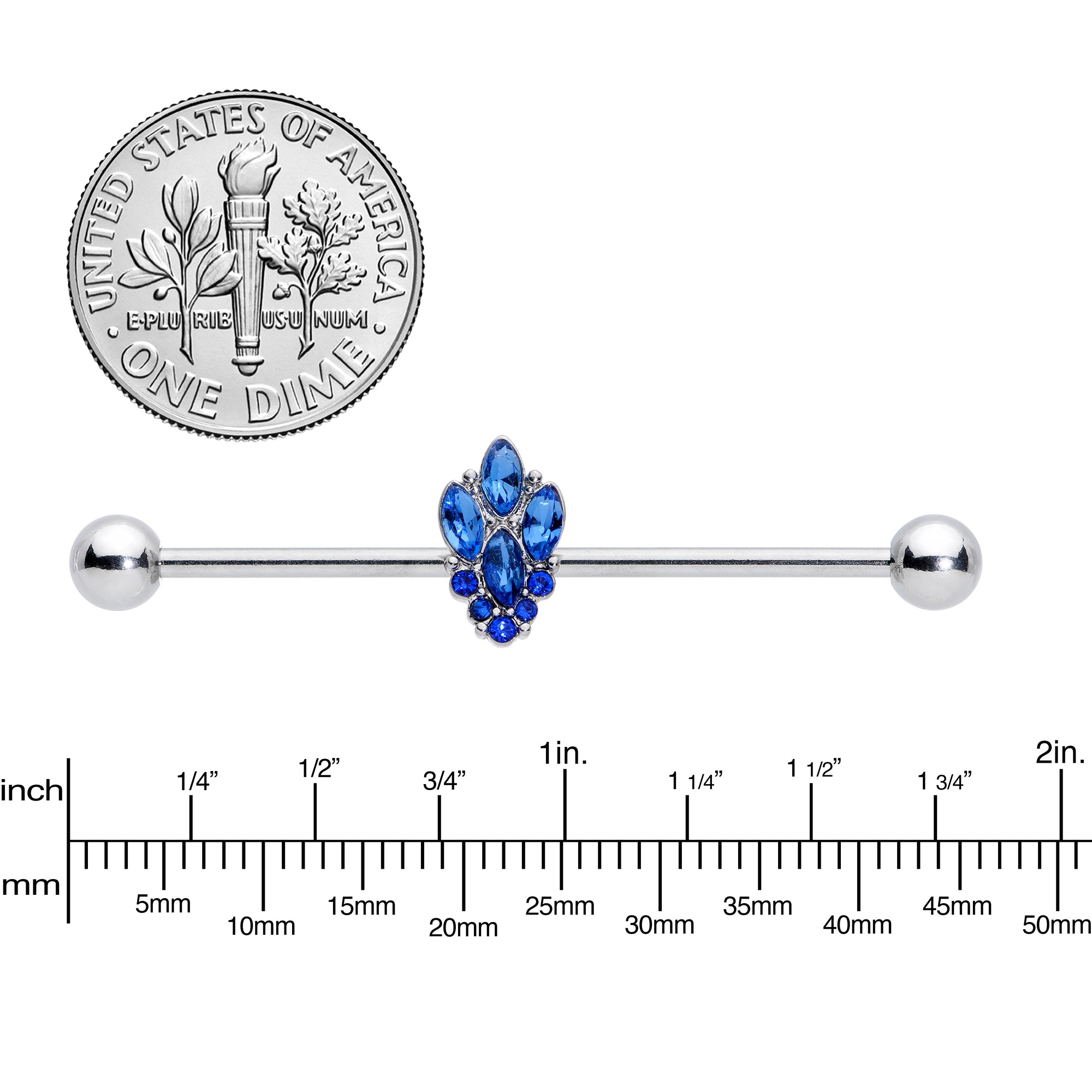 14 Gauge Blue CZ Gem Fountain Industrial Barbell 38mm