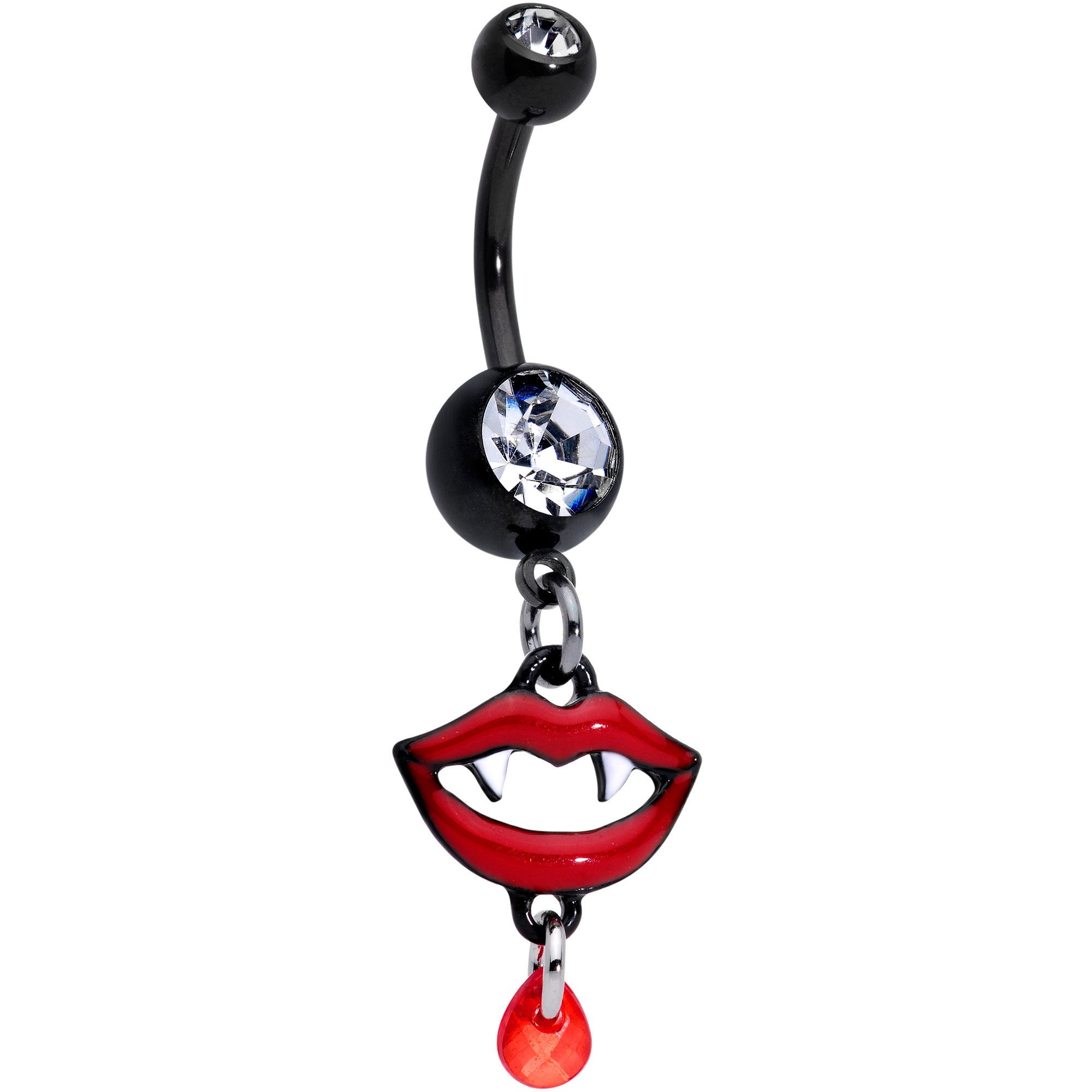 Clear Red Gem Black Vampire Fang Halloween Dangle Belly Ring Set of 2