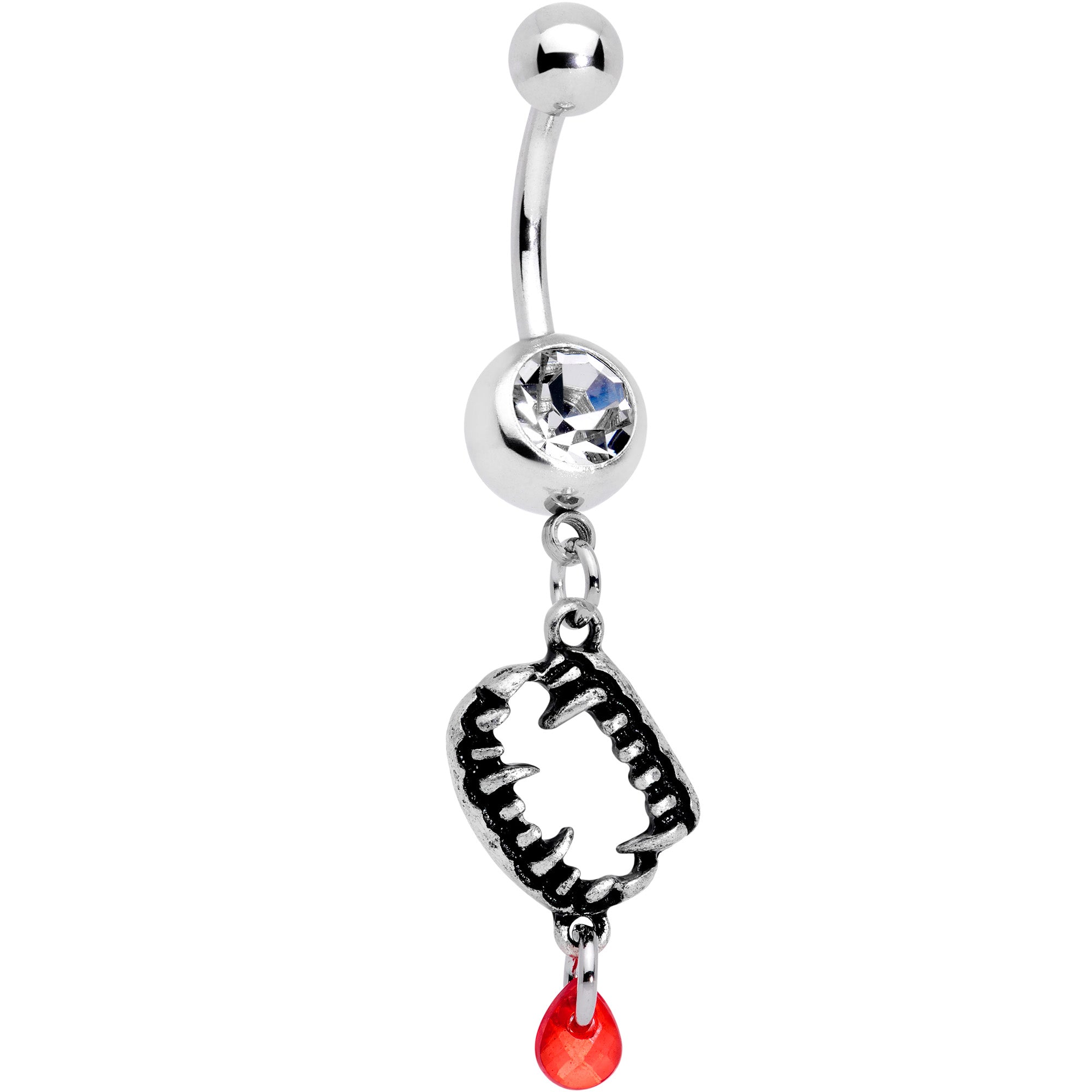 Clear Red Gem Black Vampire Fang Halloween Dangle Belly Ring Set of 2