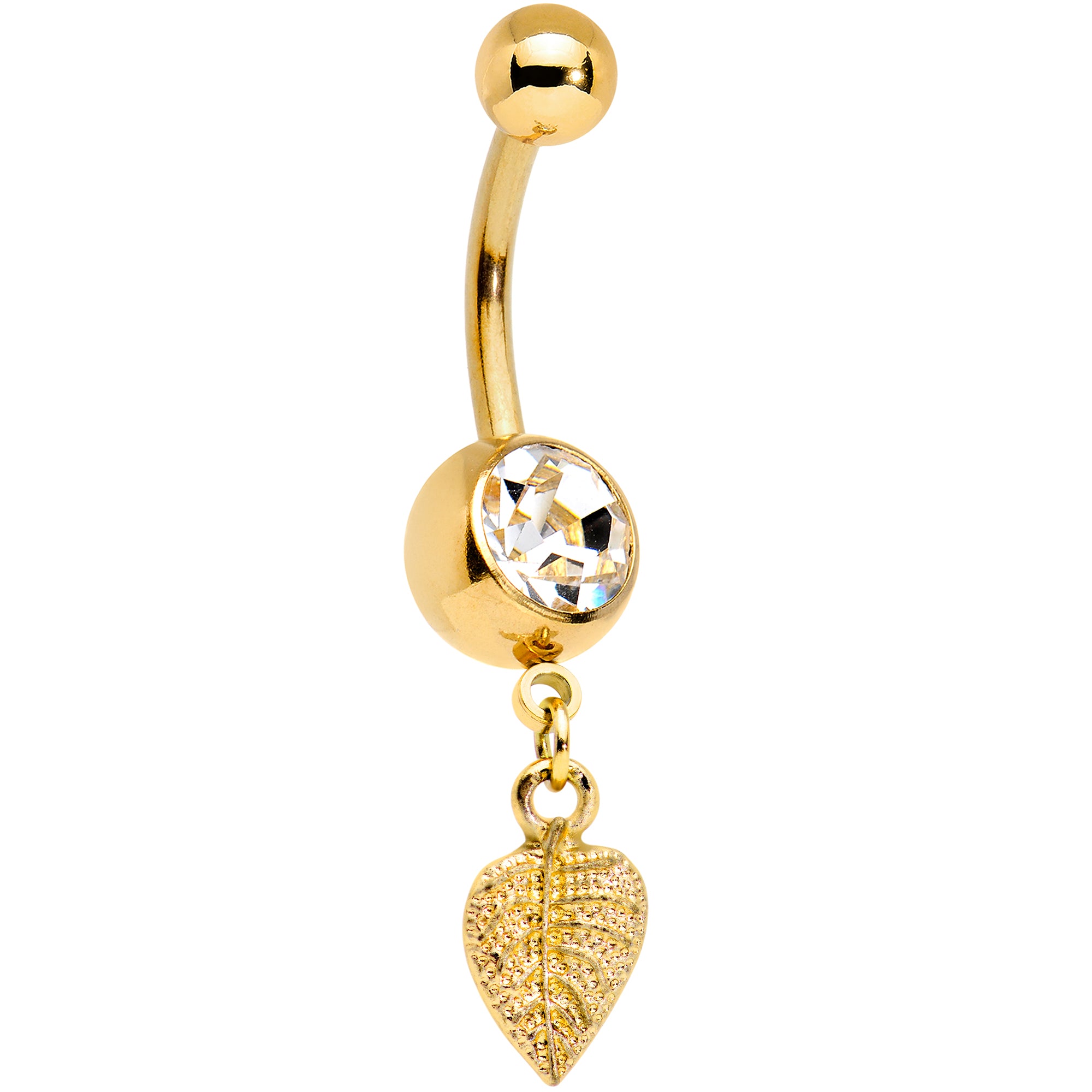 Clear Gem Gold Tone Autumn Textured Leaf Dangle Belly Ring