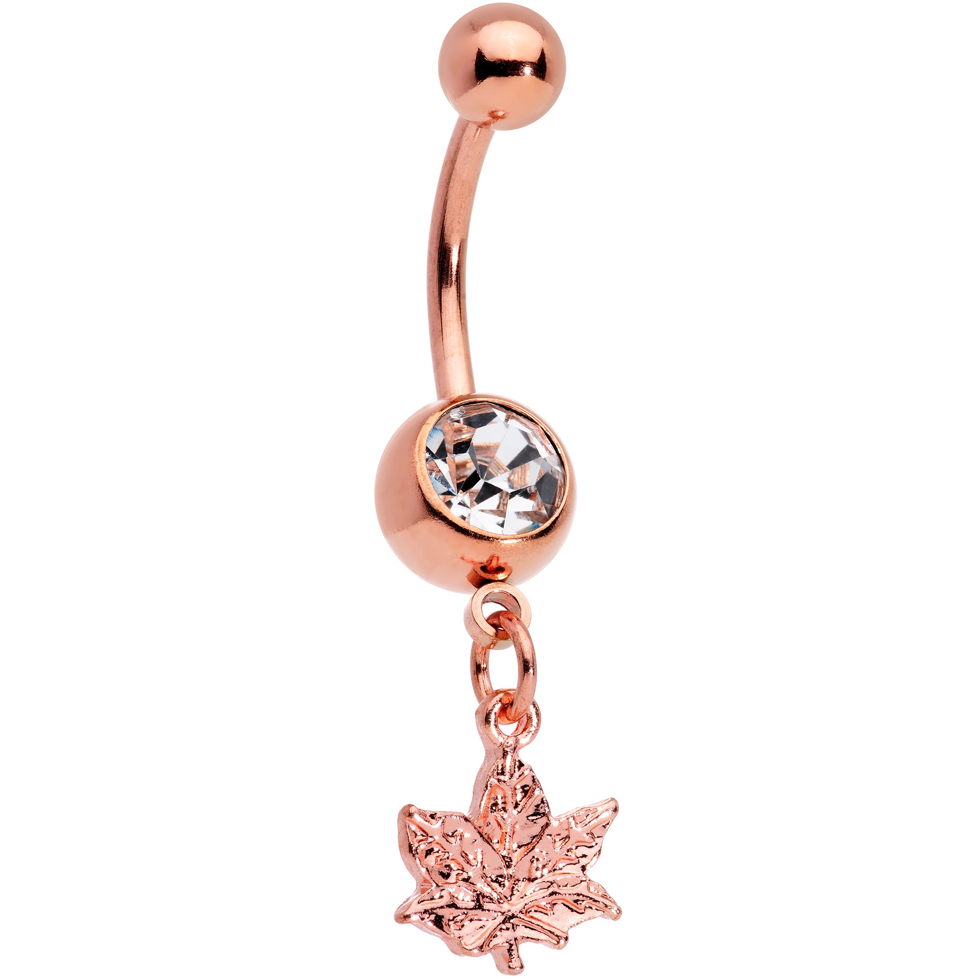 Clear Gem Rose Gold Tone Pot Leaf Dangle Belly Ring