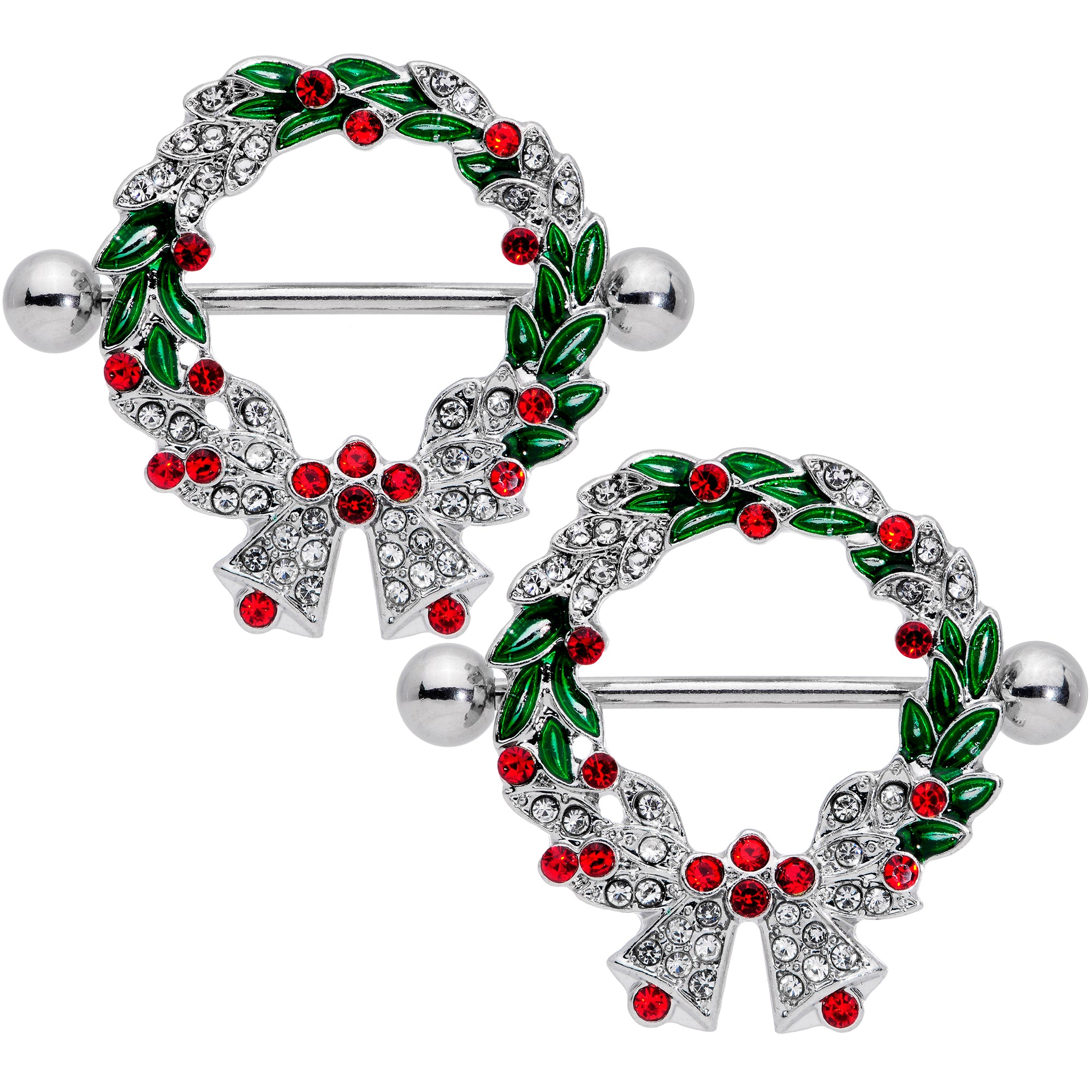 14 Gauge 11/16 Red Green Gem Christmas Wreath Nipple Shield Set