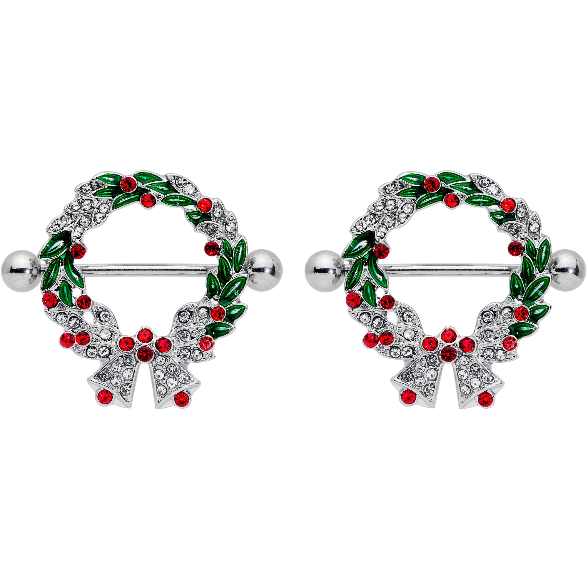 14 Gauge 11/16 Red Green Gem Christmas Wreath Nipple Shield Set