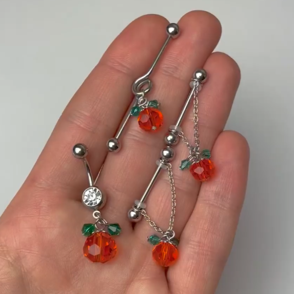 Clear Green Orange Gem Pumpkin Halloween Dangle Belly Ring