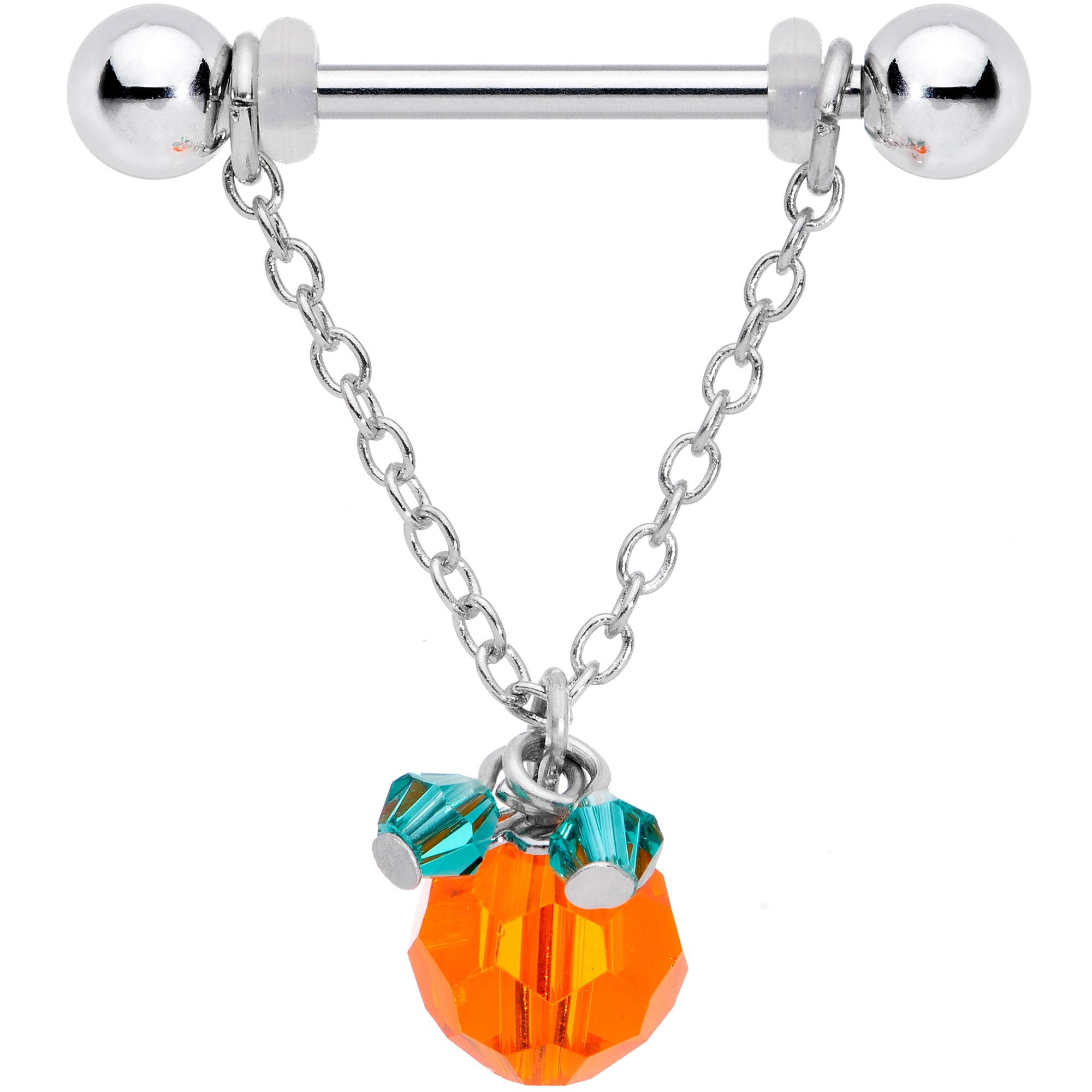 14 Gauge 5/8 Green Orange Gem Pumpkin Halloween Dangle Nipple Ring Set