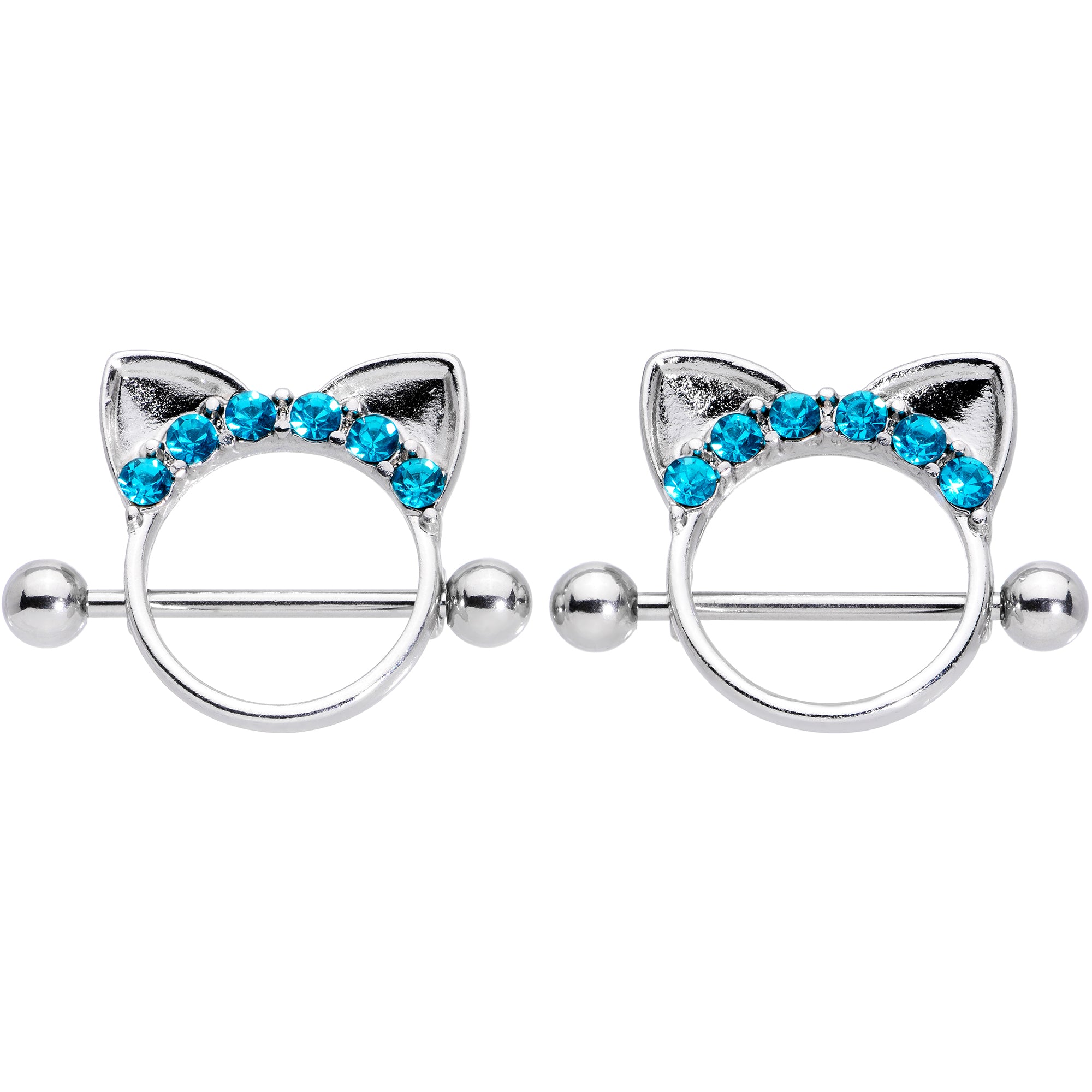 14 Gauge 9/16 Aqua Gem Kitty Cat Ears Nipple Shield Set