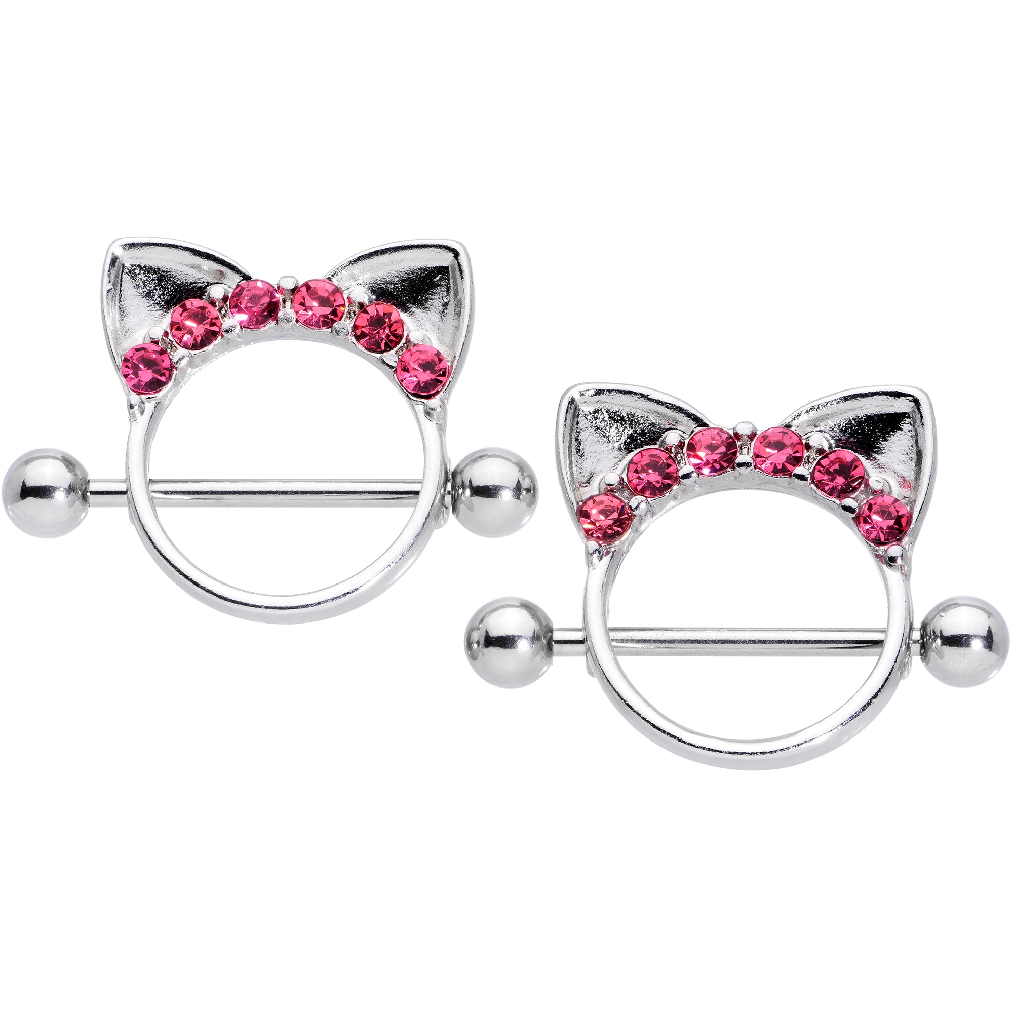 14 Gauge 9/16 Pink Gem Kitty Cat Ears Nipple Shield Set