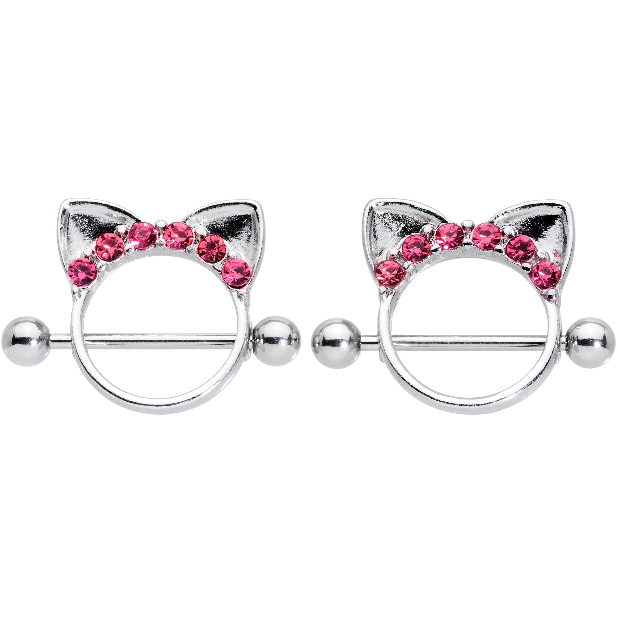 14 Gauge 9/16 Pink Gem Kitty Cat Ears Nipple Shield Set