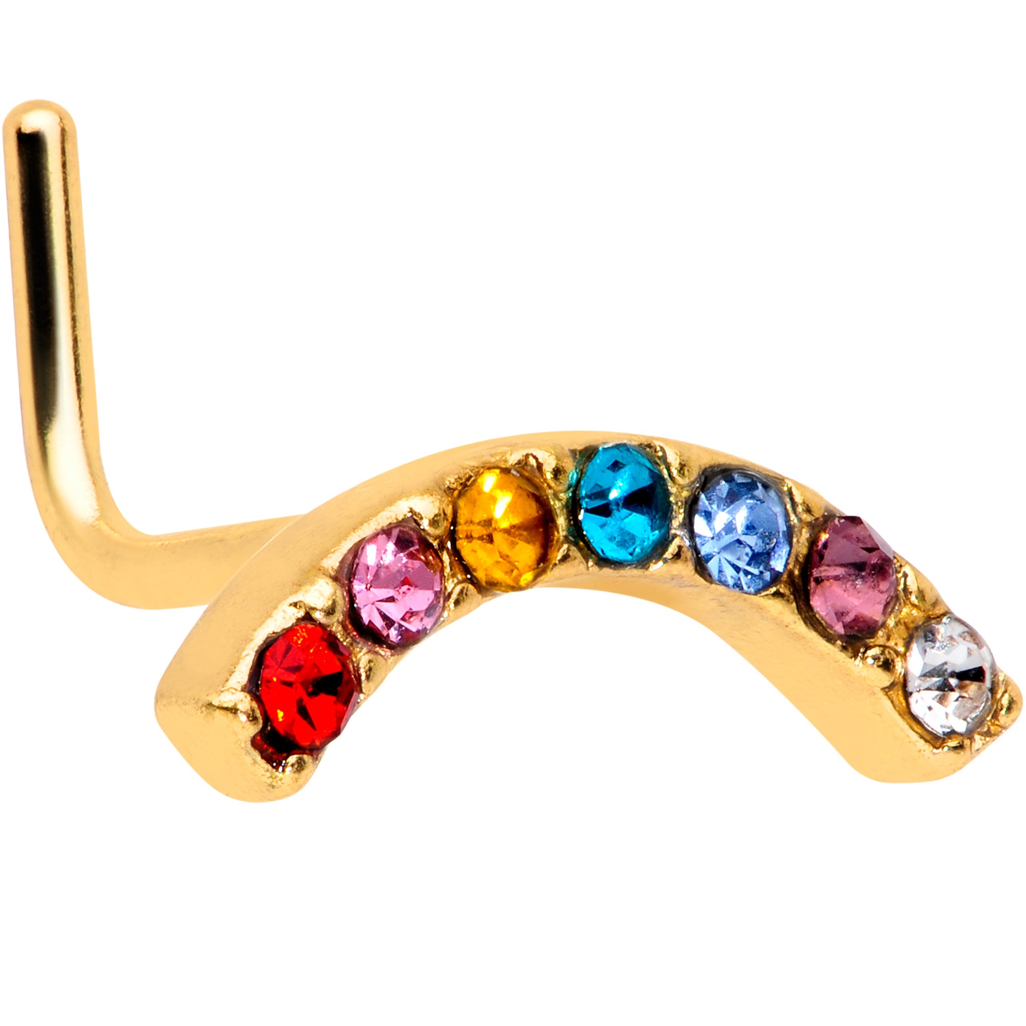 20 Gauge 5/16 Red Blue CZ Gem Gold Tone Rainbow Arc L Shape Nose Ring