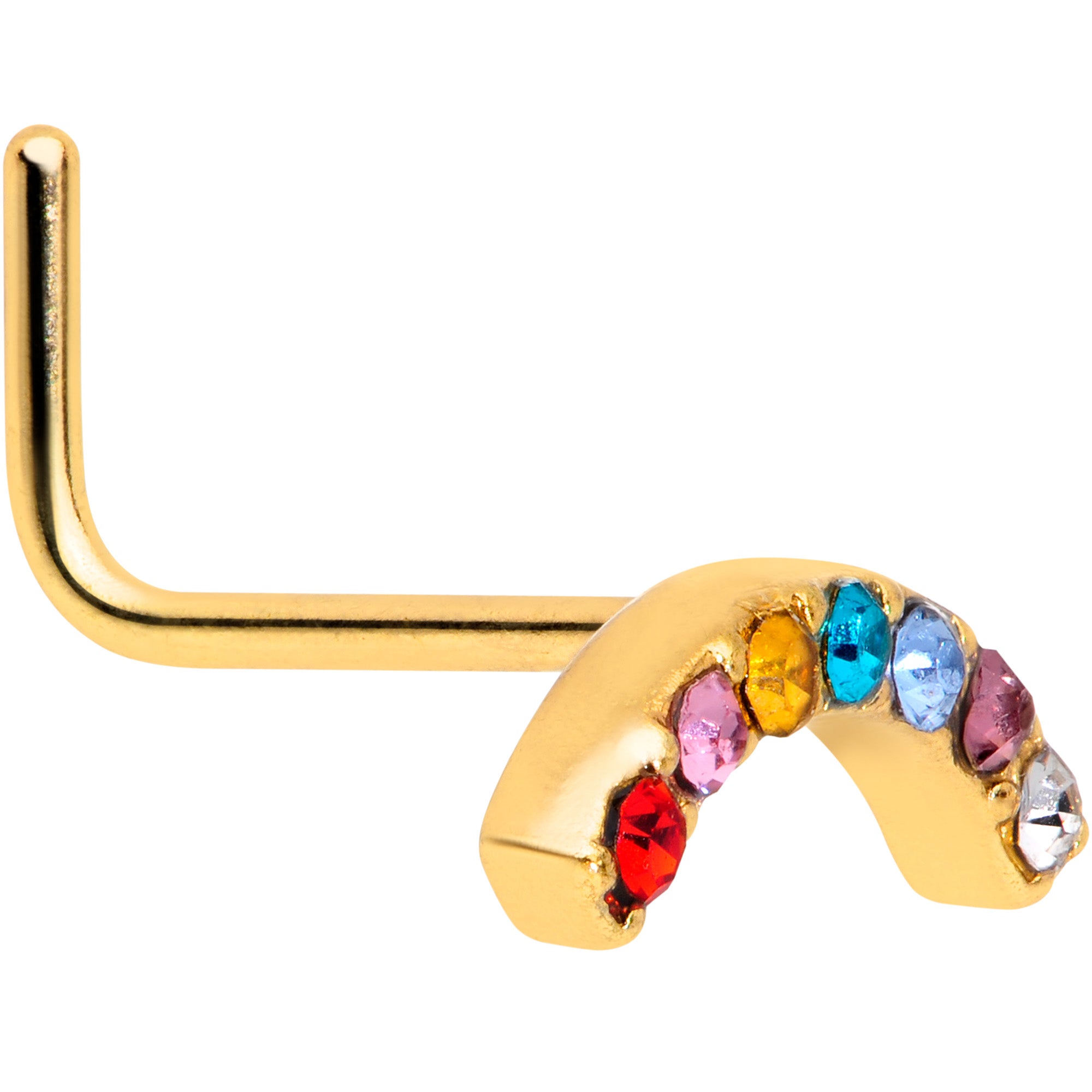 20 Gauge 5/16 Red Blue CZ Gem Gold Tone Rainbow Arc L Shape Nose Ring