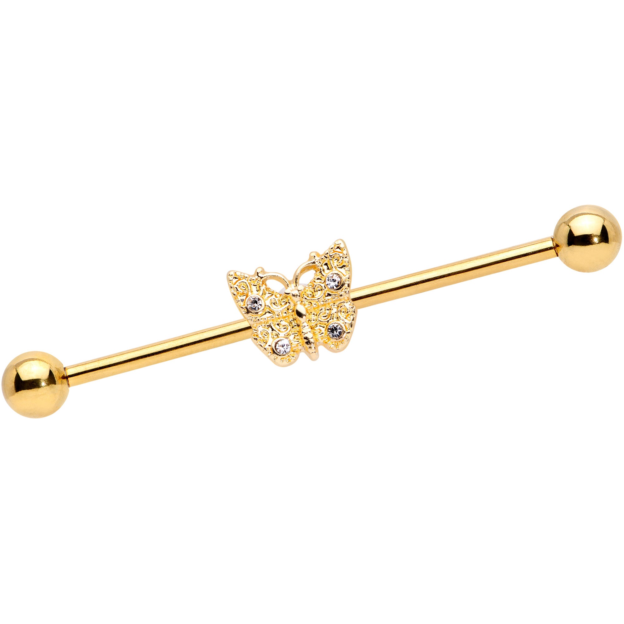 14 Gauge Clear Gem Gold Tone Butterfly Industrial Barbell 38mm