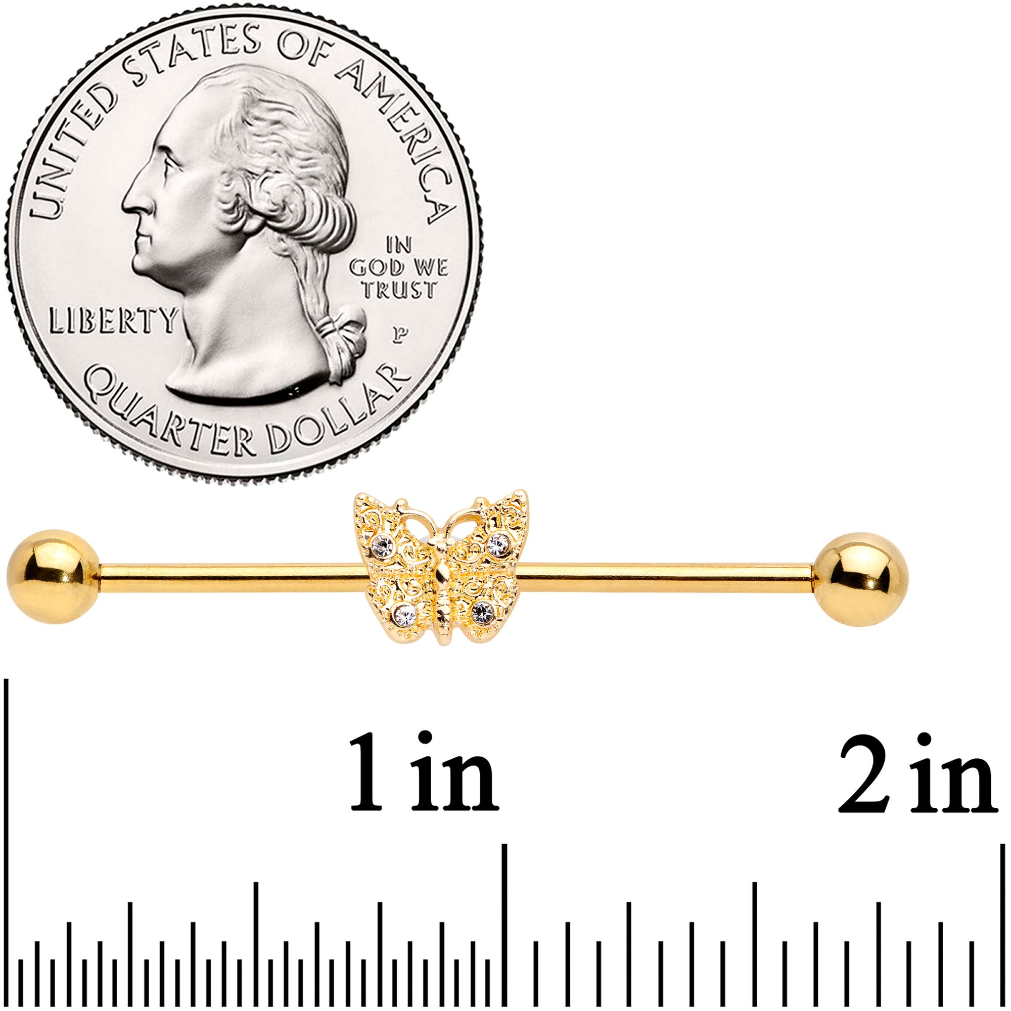 14 Gauge Clear Gem Gold Tone Butterfly Industrial Barbell 38mm