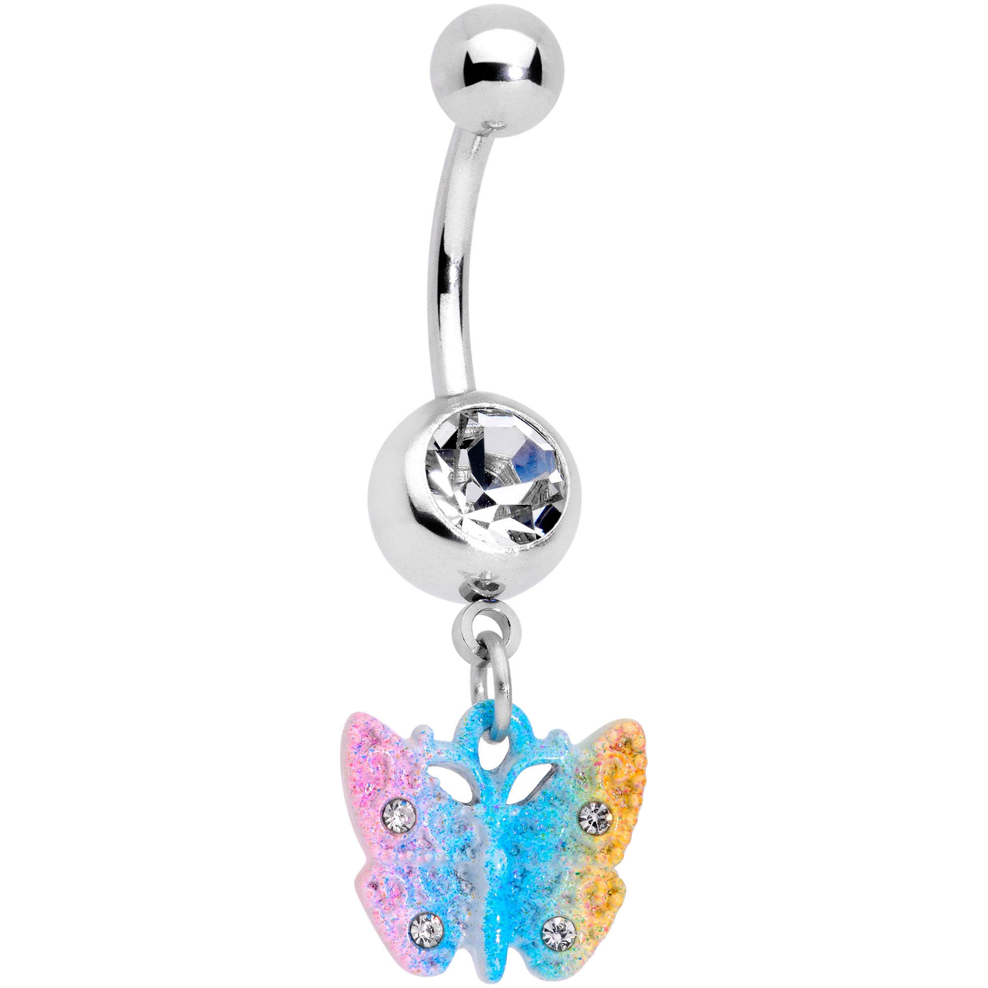 Clear Gem Baroque Rainbow Butterfly Dangle Belly Ring