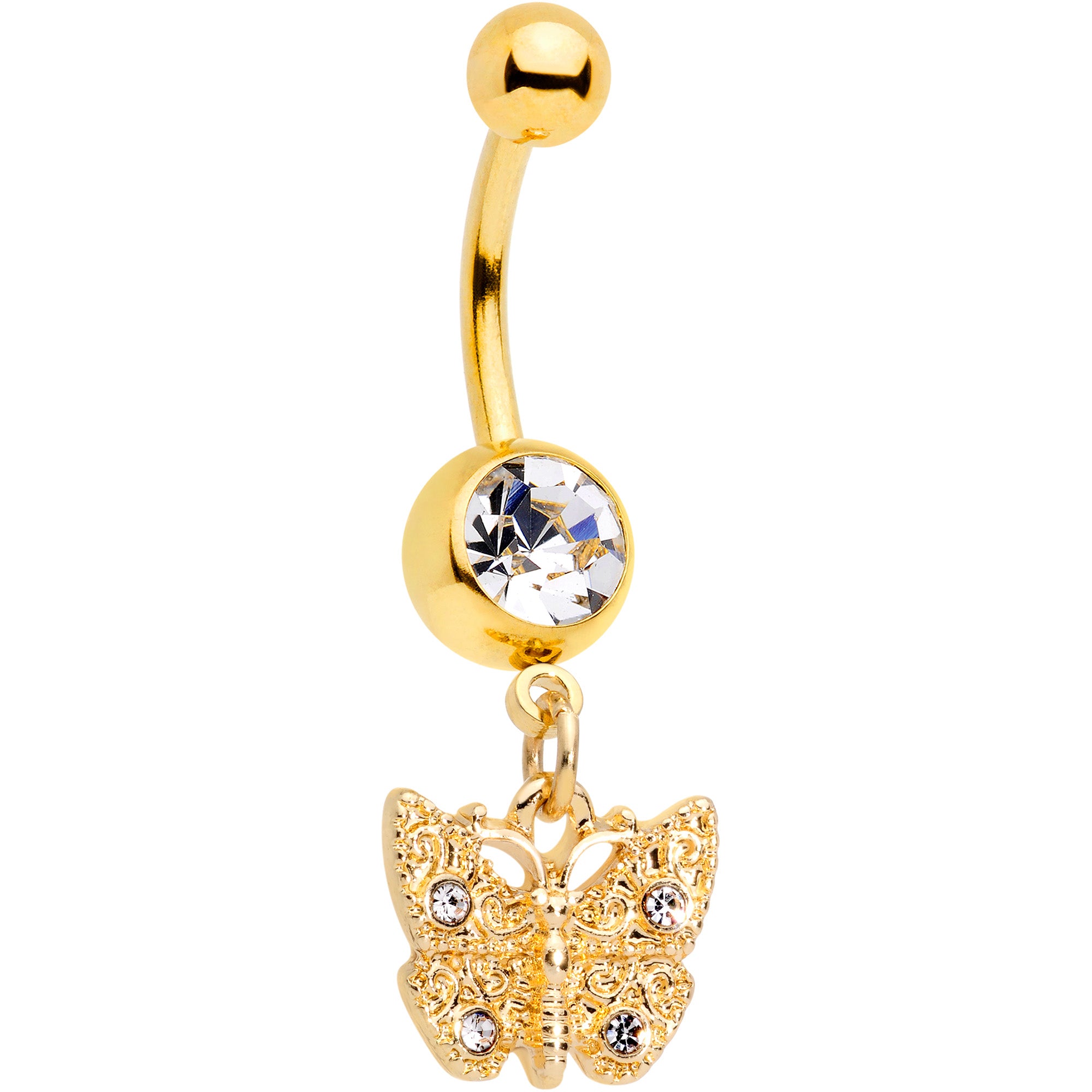 Gold Tone Clear Gem Baroque Butterfly Dangle Belly Ring