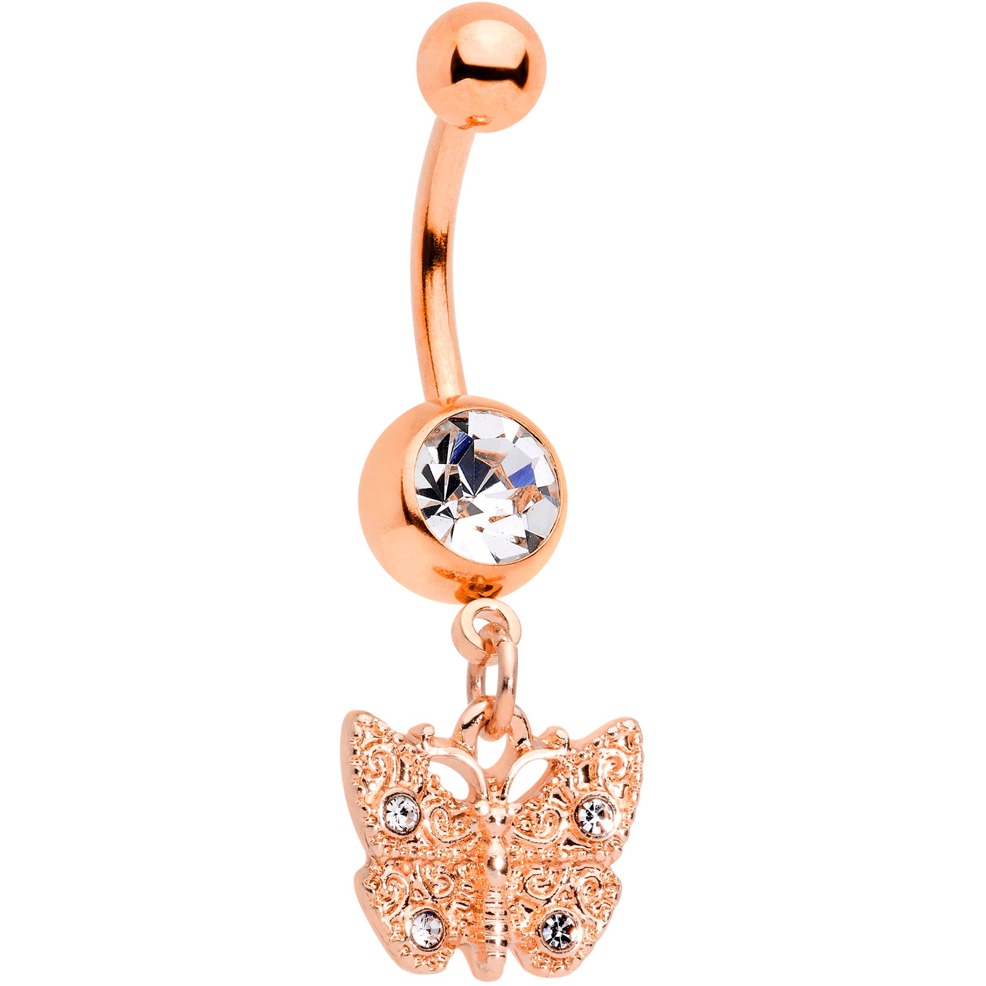 Rose Gold Tone Clear Gem Baroque Butterfly Dangle Belly Ring