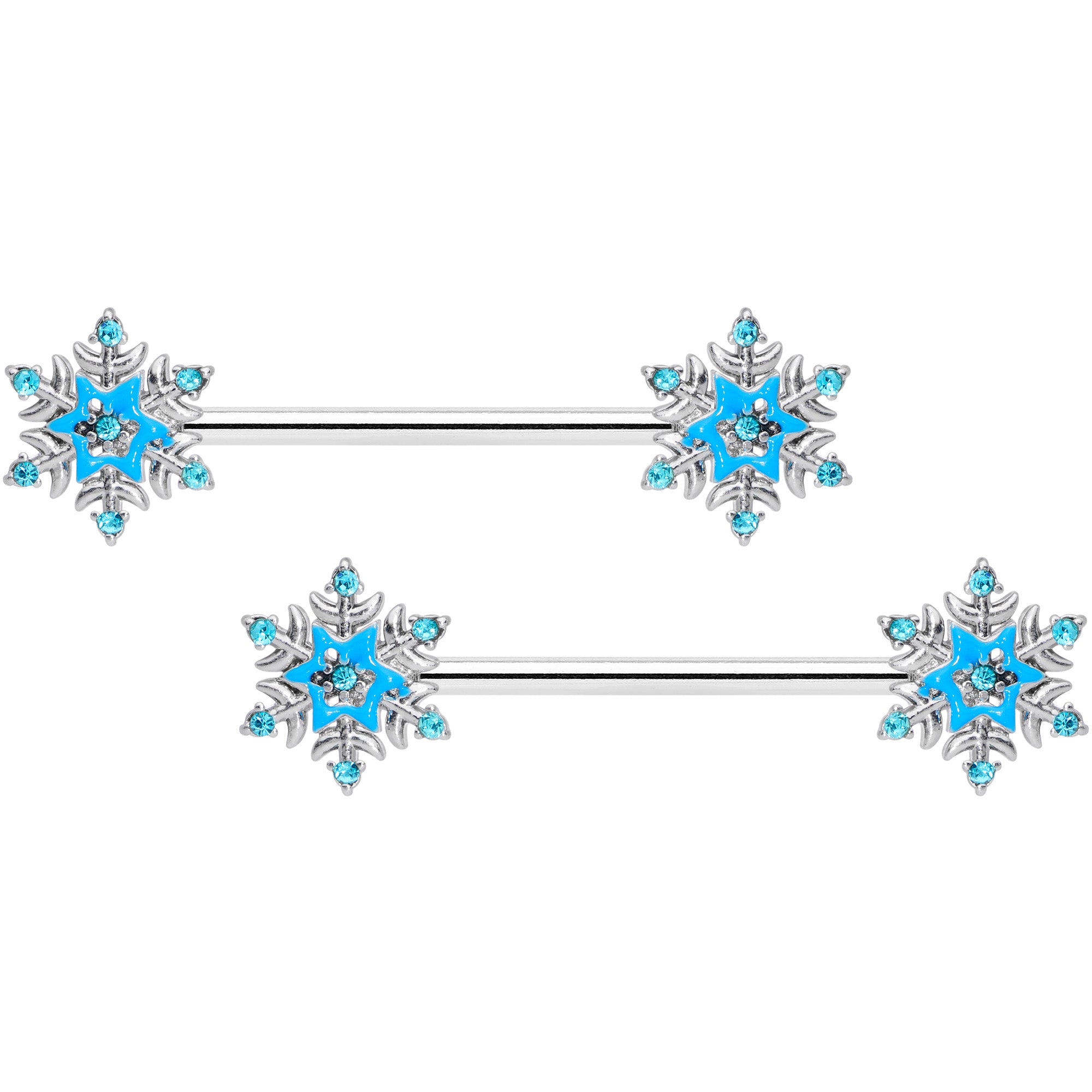 14 Gauge 5/8 Aqua Gem Winter Snowflake Christmas Nipple Ring Set