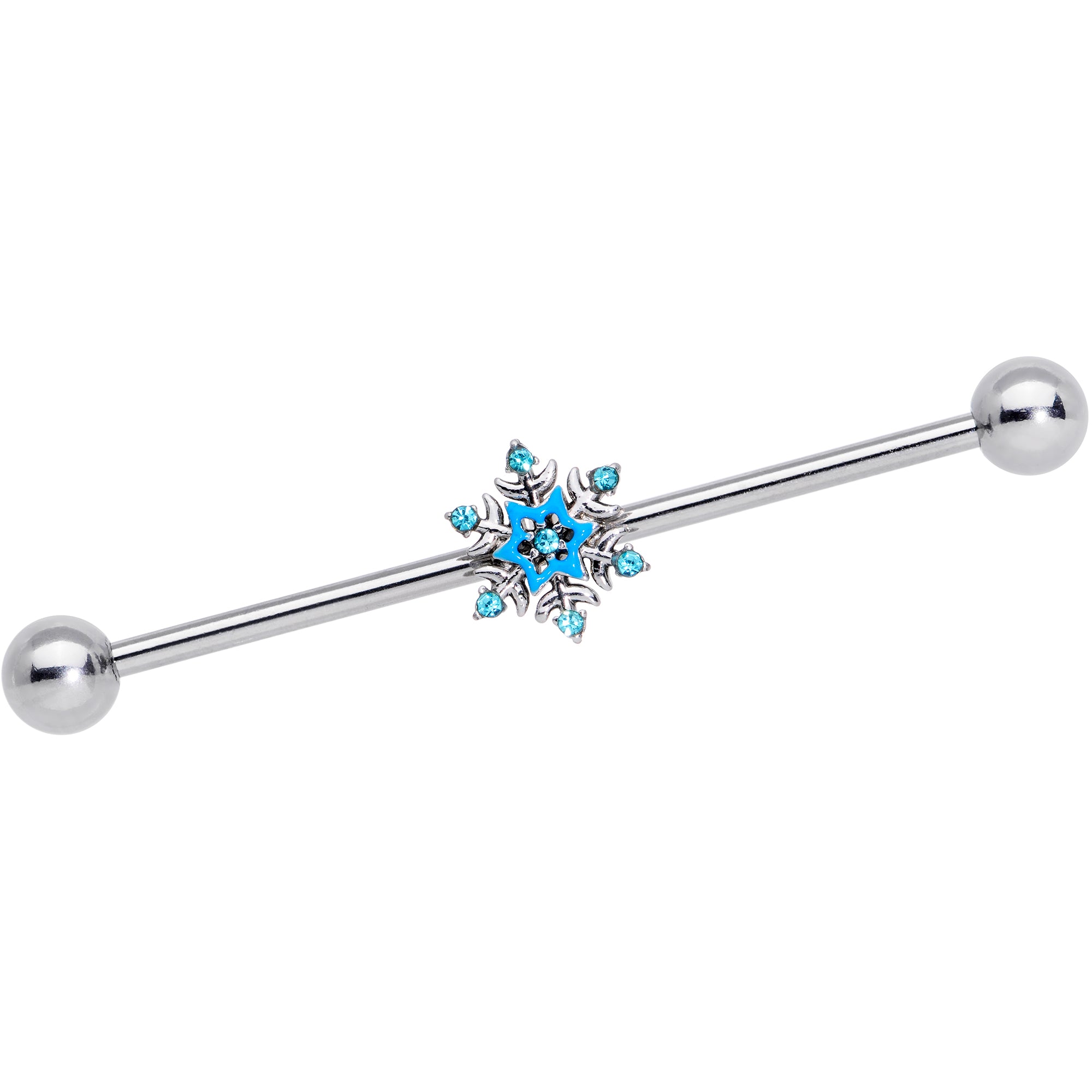 14 Gauge Aqua Gem Winter Snowflake Christmas Industrial Barbell 38mm