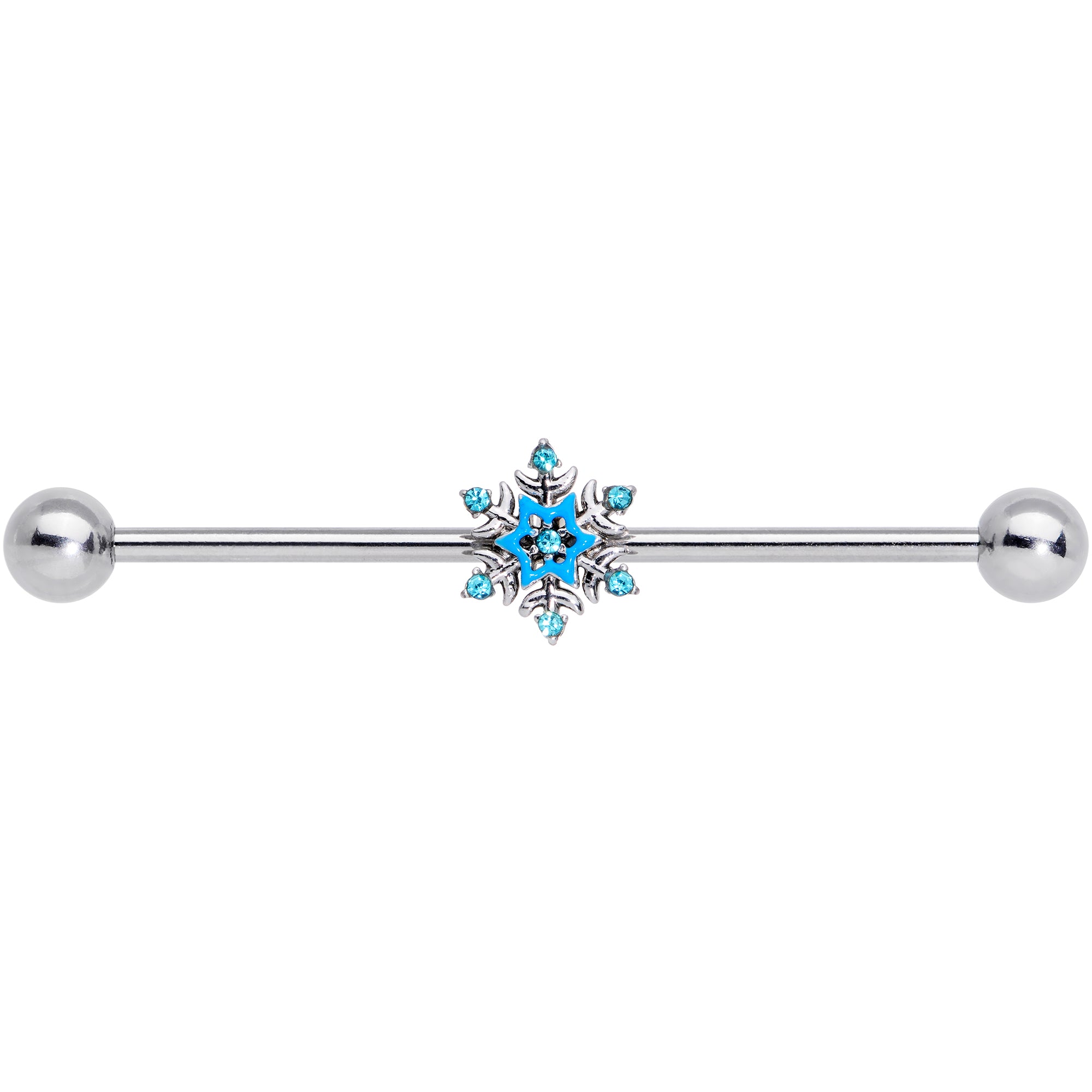 14 Gauge Aqua Gem Winter Snowflake Christmas Industrial Barbell 38mm