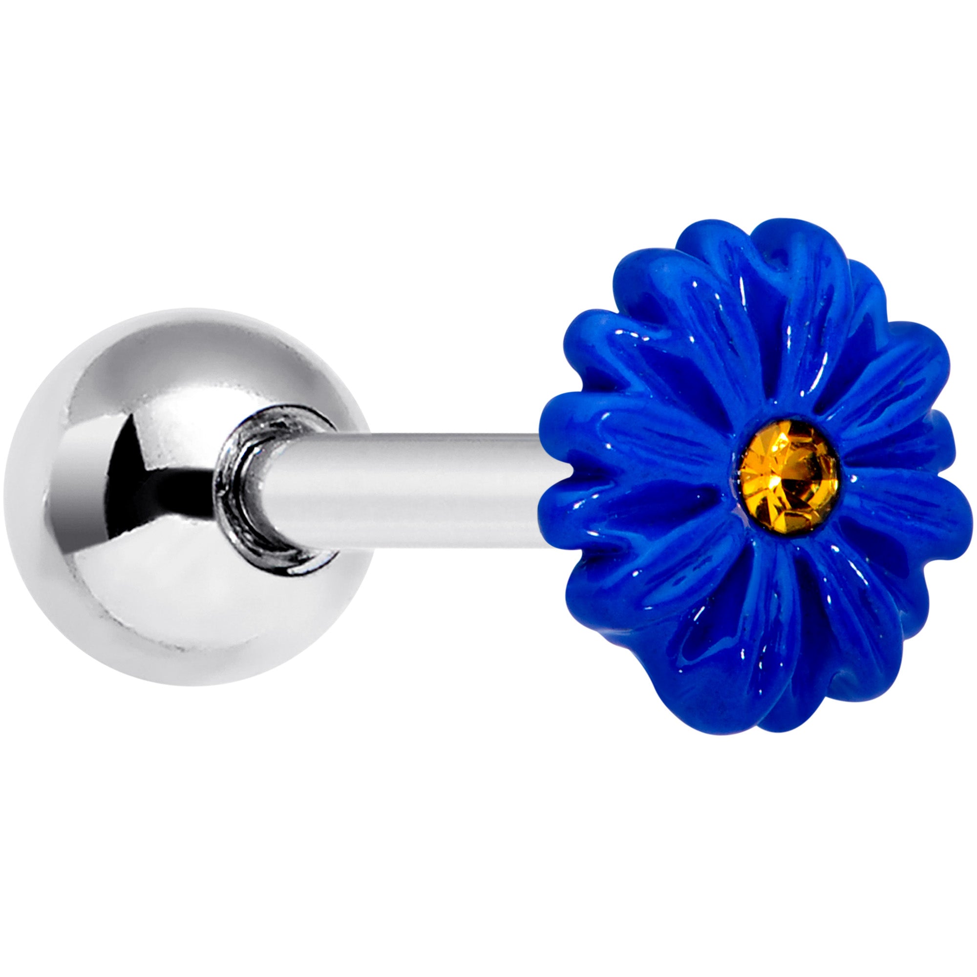 16 Gauge 1/4 Yellow Gem Blue Sunflower Cartilage Tragus Earring