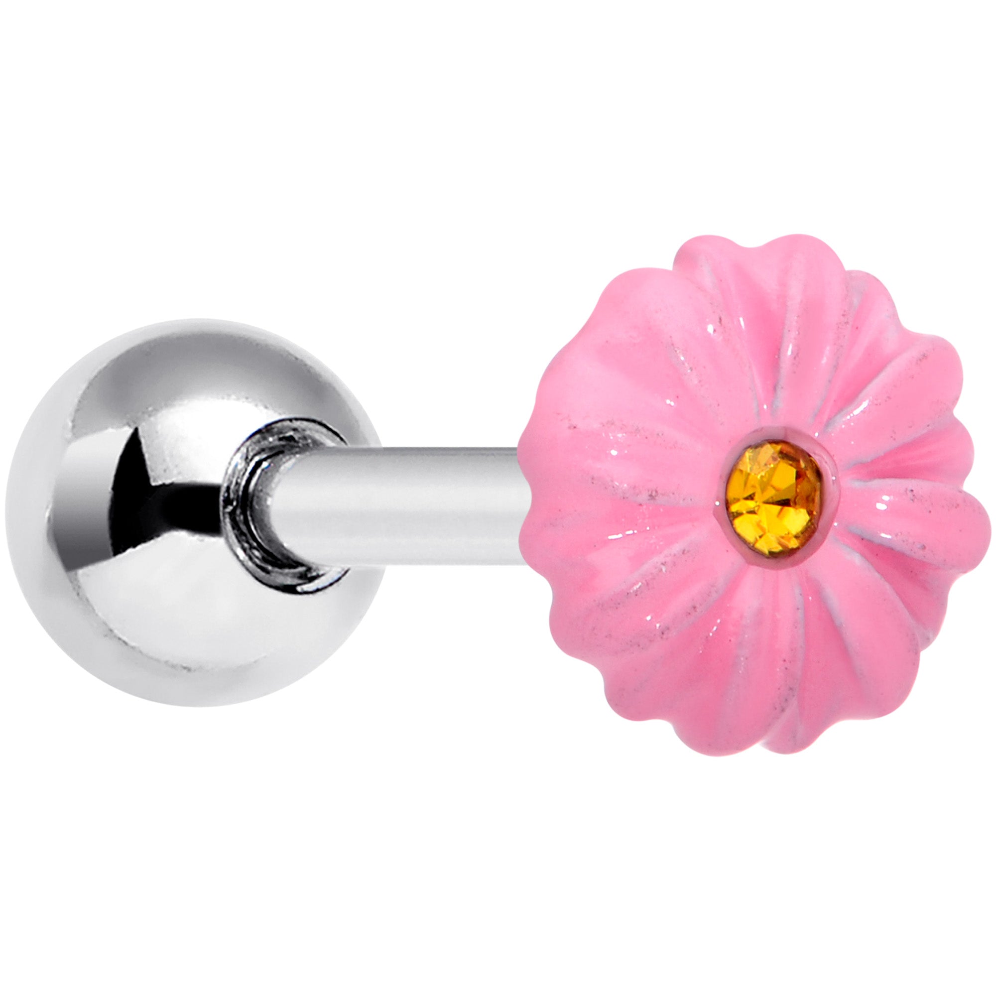 16 Gauge 1/4 Yellow Gem Pink Sunflower Cartilage Tragus Earring