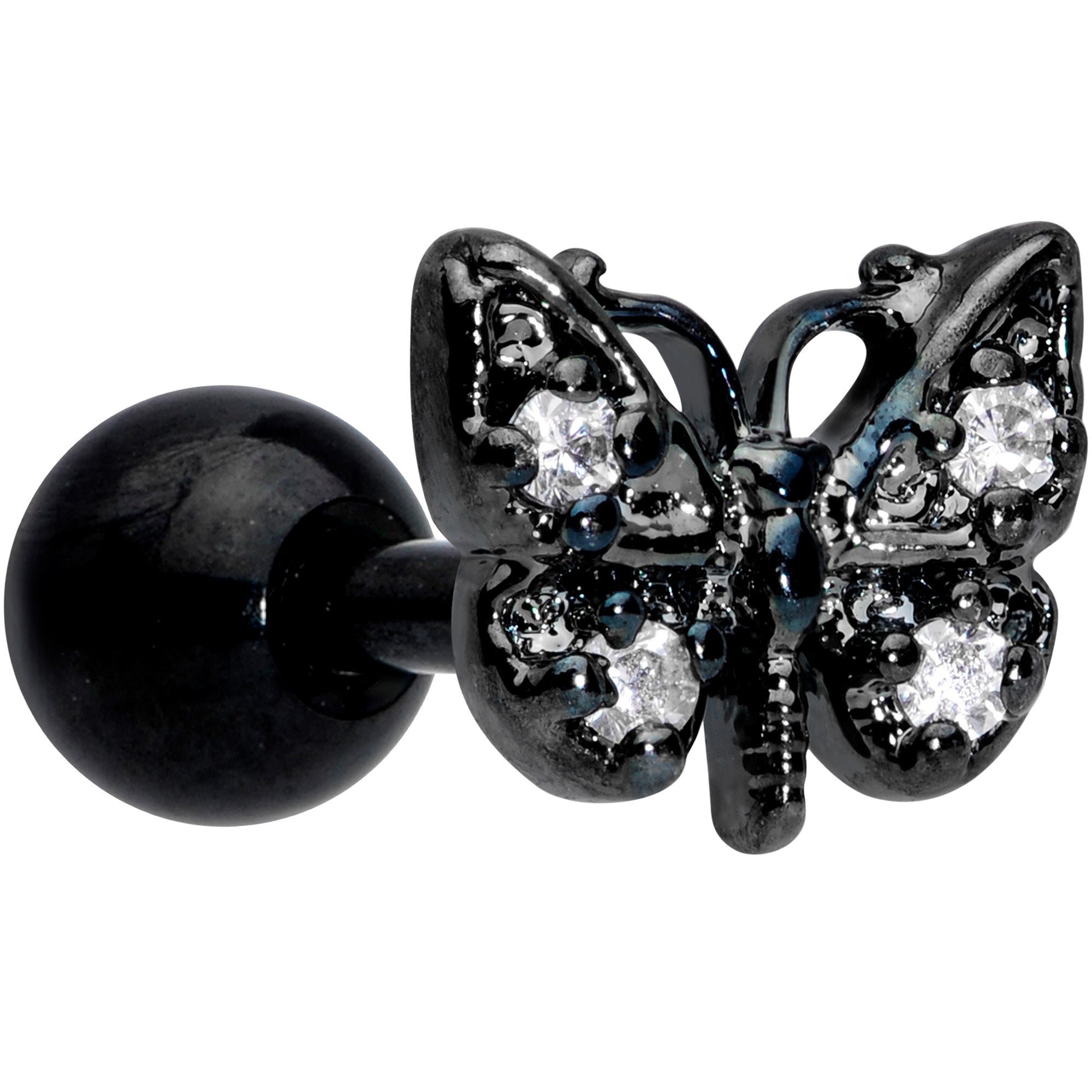 16 Gauge 1/4 Clear Gem Black Butterfly Cartilage Tragus Earring