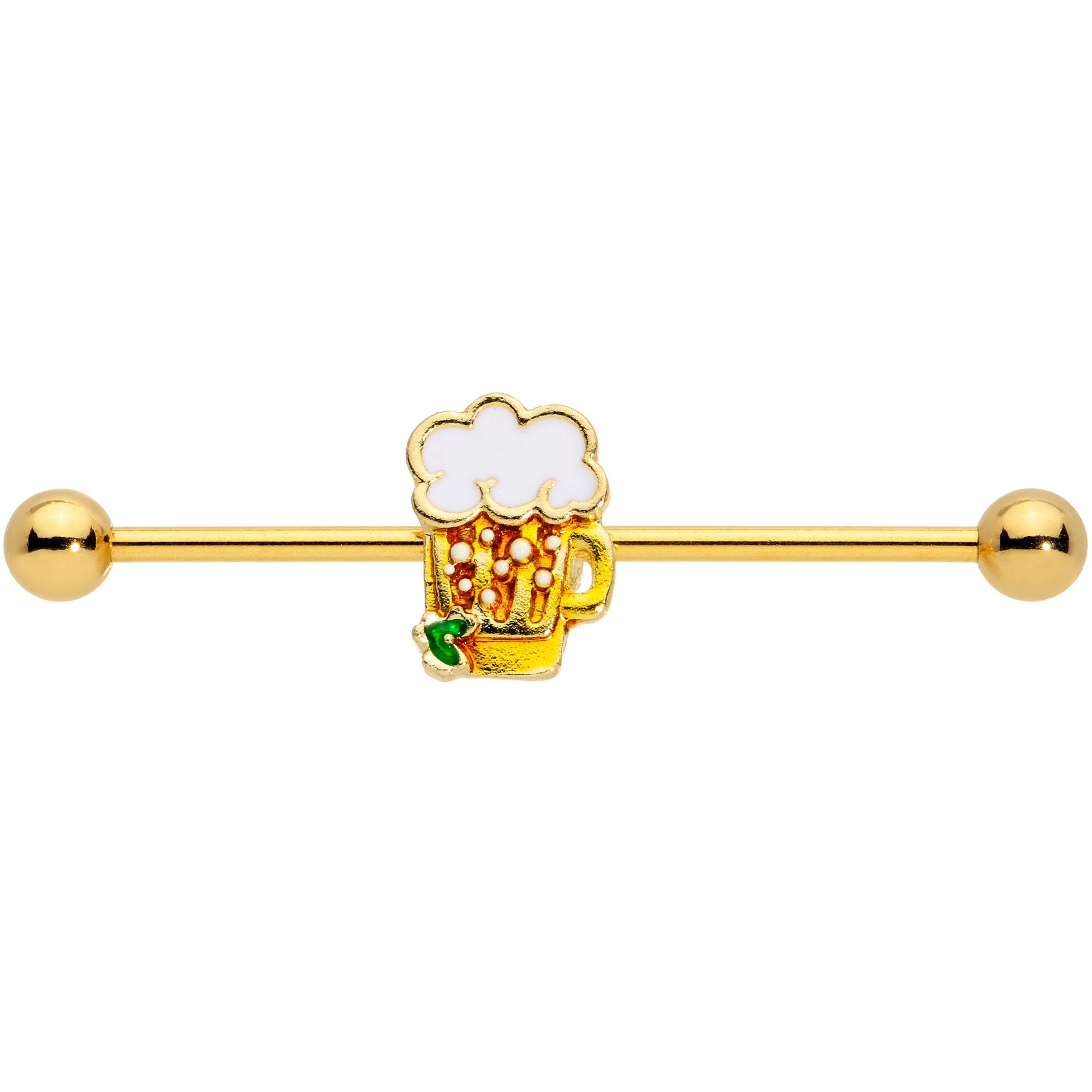 14 Gauge Gold Tone St Patricks Day Beer Mug Industrial Barbell 38mm