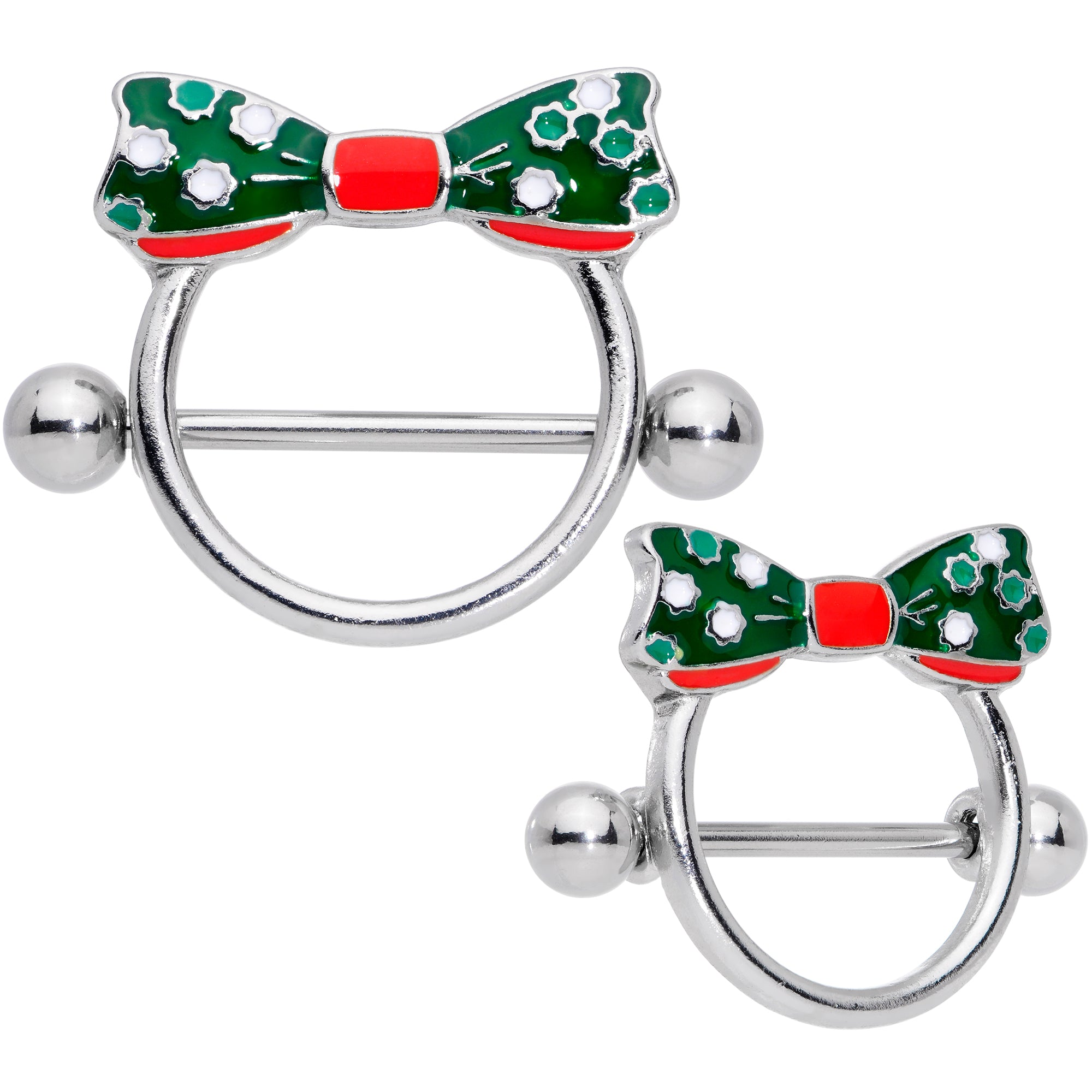 14 Gauge 11/16 Green Red Polka Dot Bow Christmas Nipple Shield Set