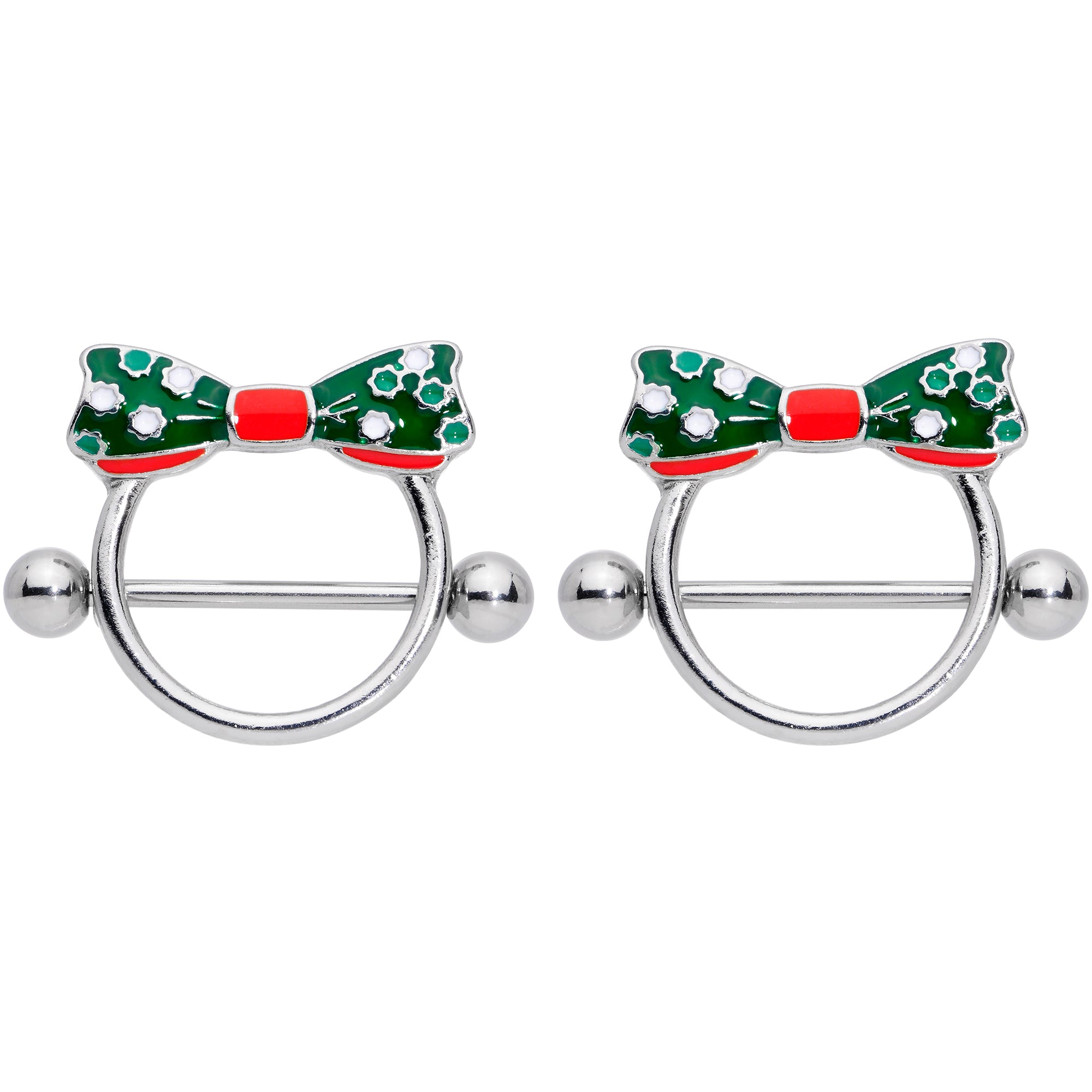 14 Gauge 11/16 Green Red Polka Dot Bow Christmas Nipple Shield Set