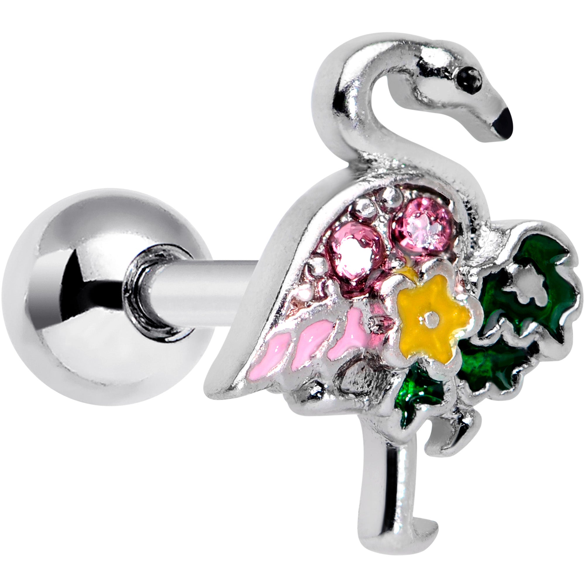 16 Gauge 1/4 Pink Gem Funky Flamingo Cartilage Tragus Earring