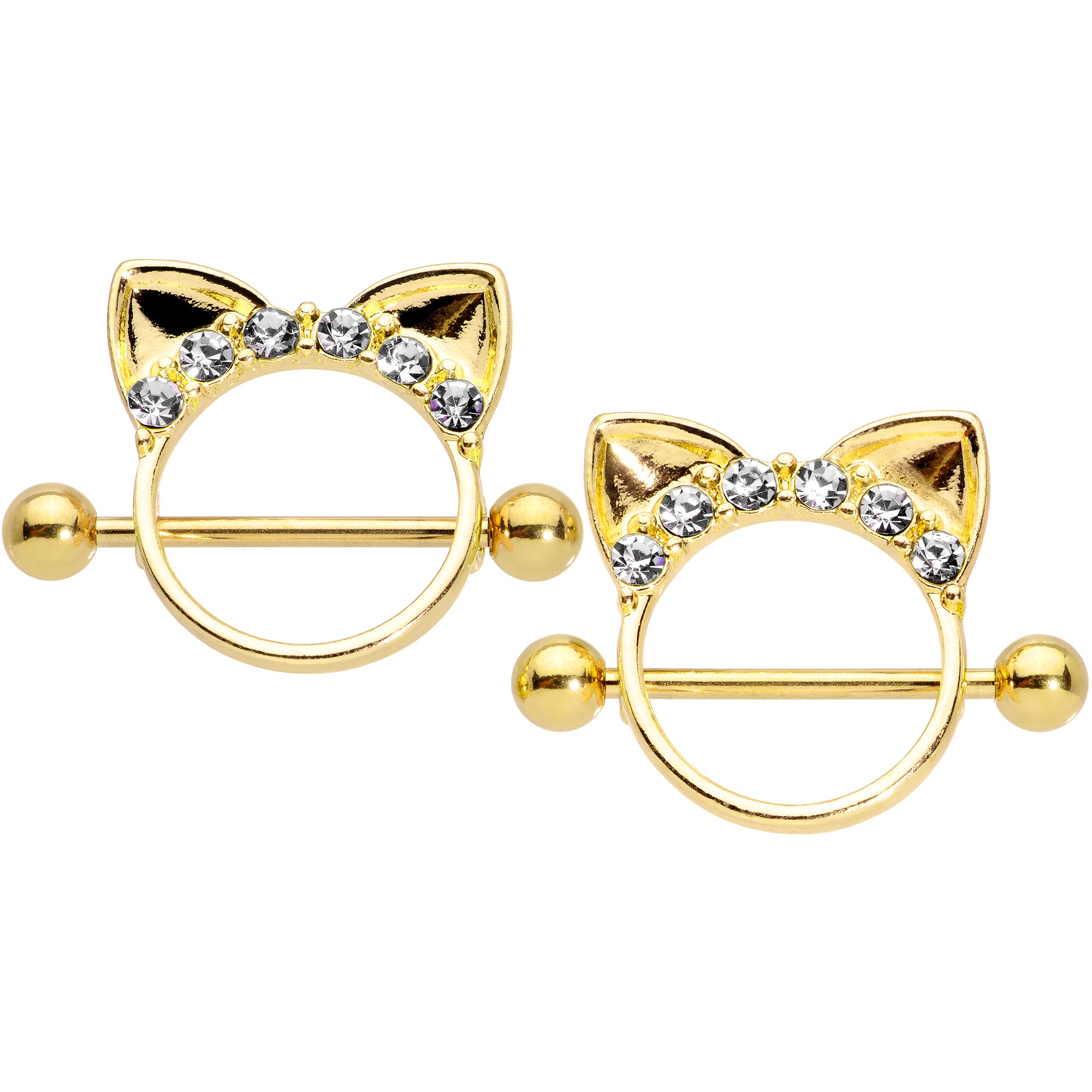 14 Gauge 9/16 Clear Gem Gold Tone Kitty Cat Ears Nipple Shield Set