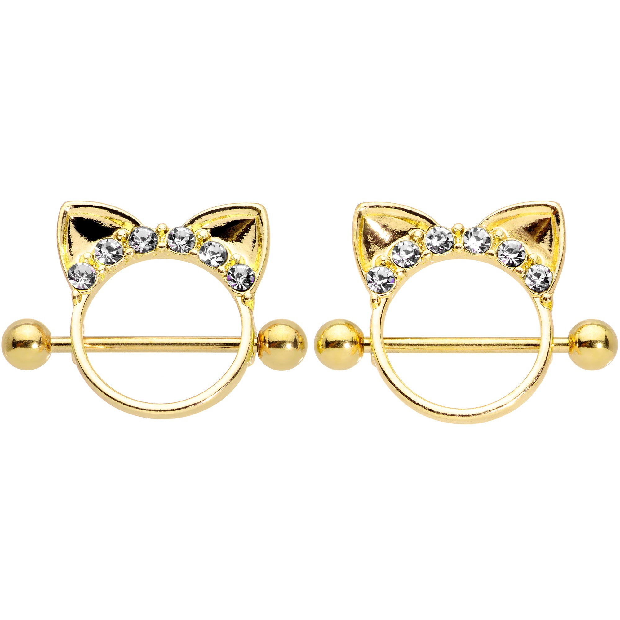 14 Gauge 9/16 Clear Gem Gold Tone Kitty Cat Ears Nipple Shield Set