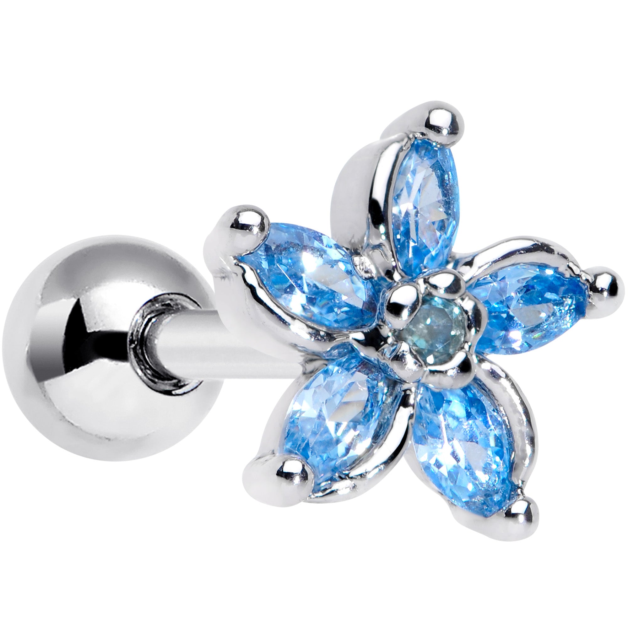 16 Gauge 1/4 Aqua Gem Pretty Petals Flower Cartilage Tragus Earring