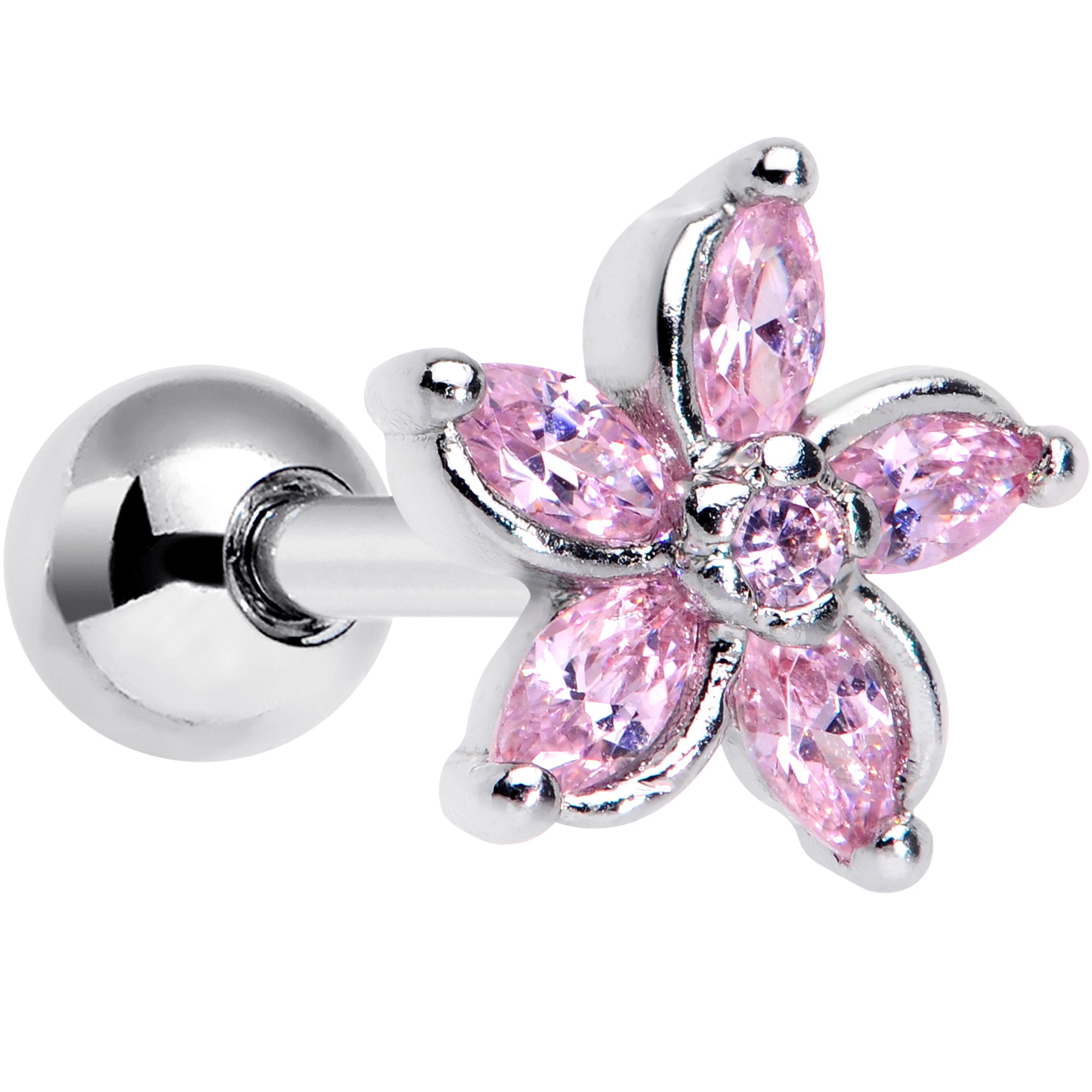 16 Gauge 1/4 Pink Gem Pretty Petals Flower Cartilage Tragus Earring