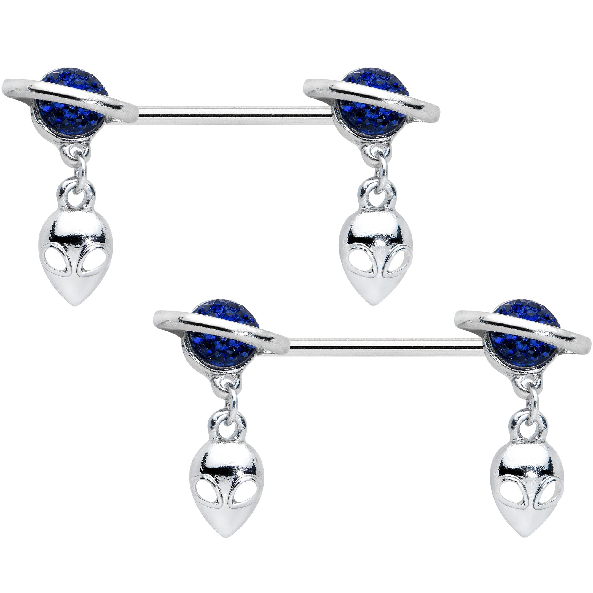 14 Gauge 9/16 Alien Dangle Blue Saturn Barbell Nipple Ring Set