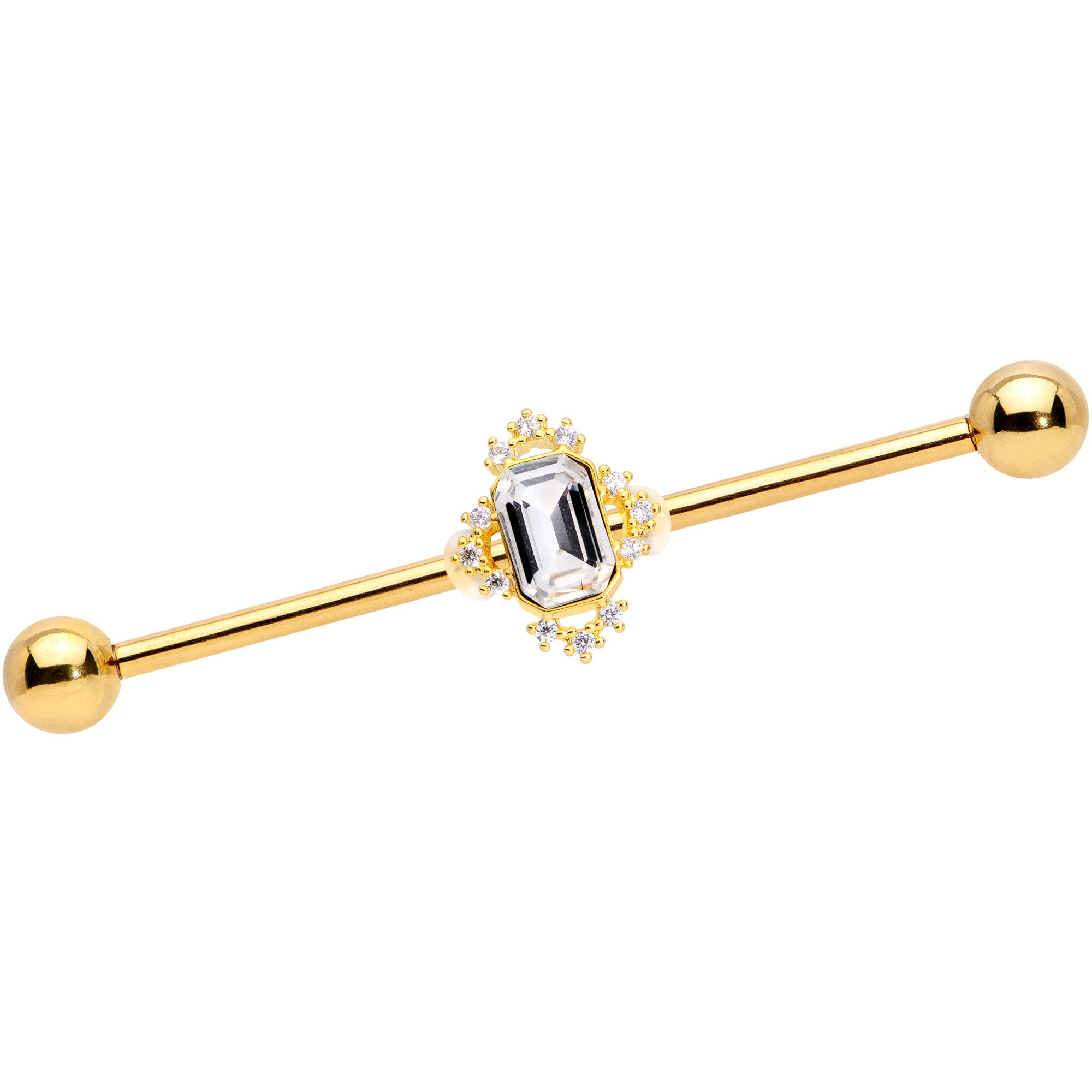 14 Gauge Clear Gem Gold Tone Regal Rectangle Industrial Barbell 38mm