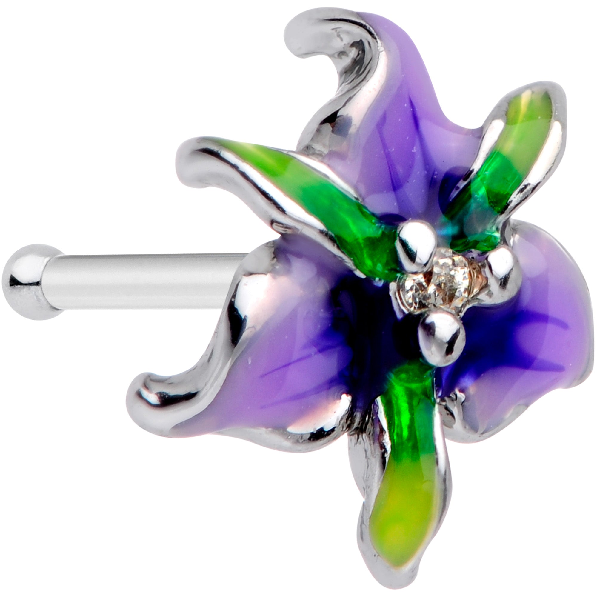 20 Gauge 1/4 Clear Gem Exotic Purple Flower Nose Bone