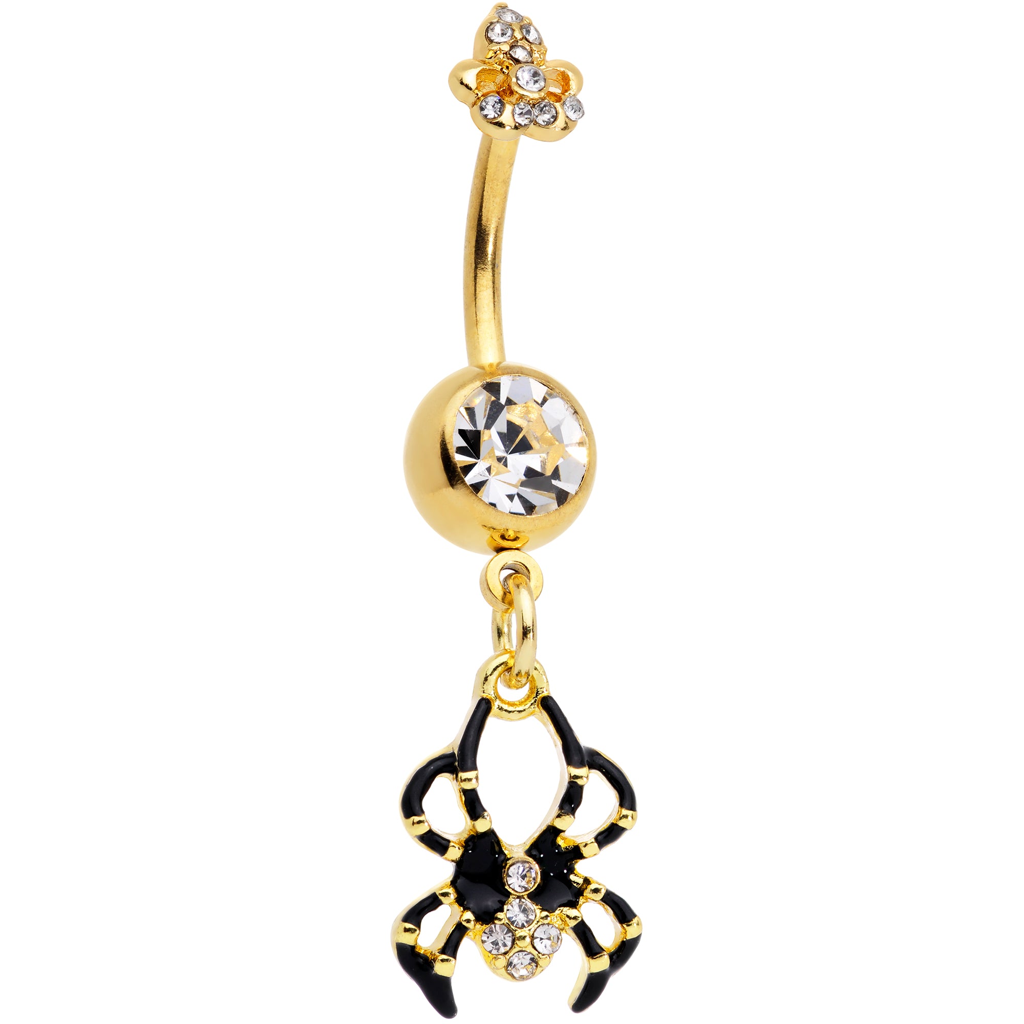 Clear Gem Gold Tone Spider Web Halloween Dangle Belly Ring Set of 2