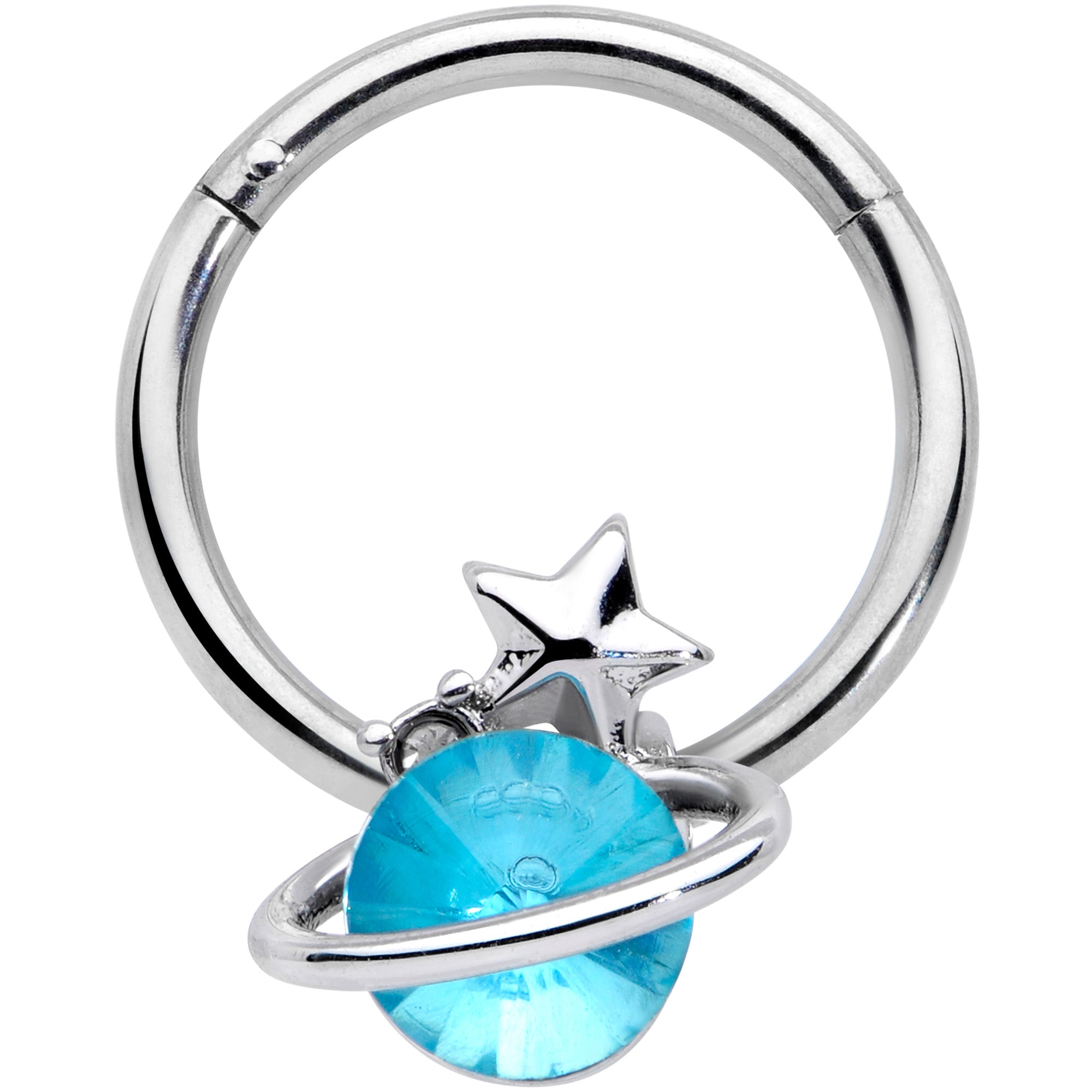 16 Gauge 3/8 Aqua Gem Star Saturn Planet Hinged Segment Ring