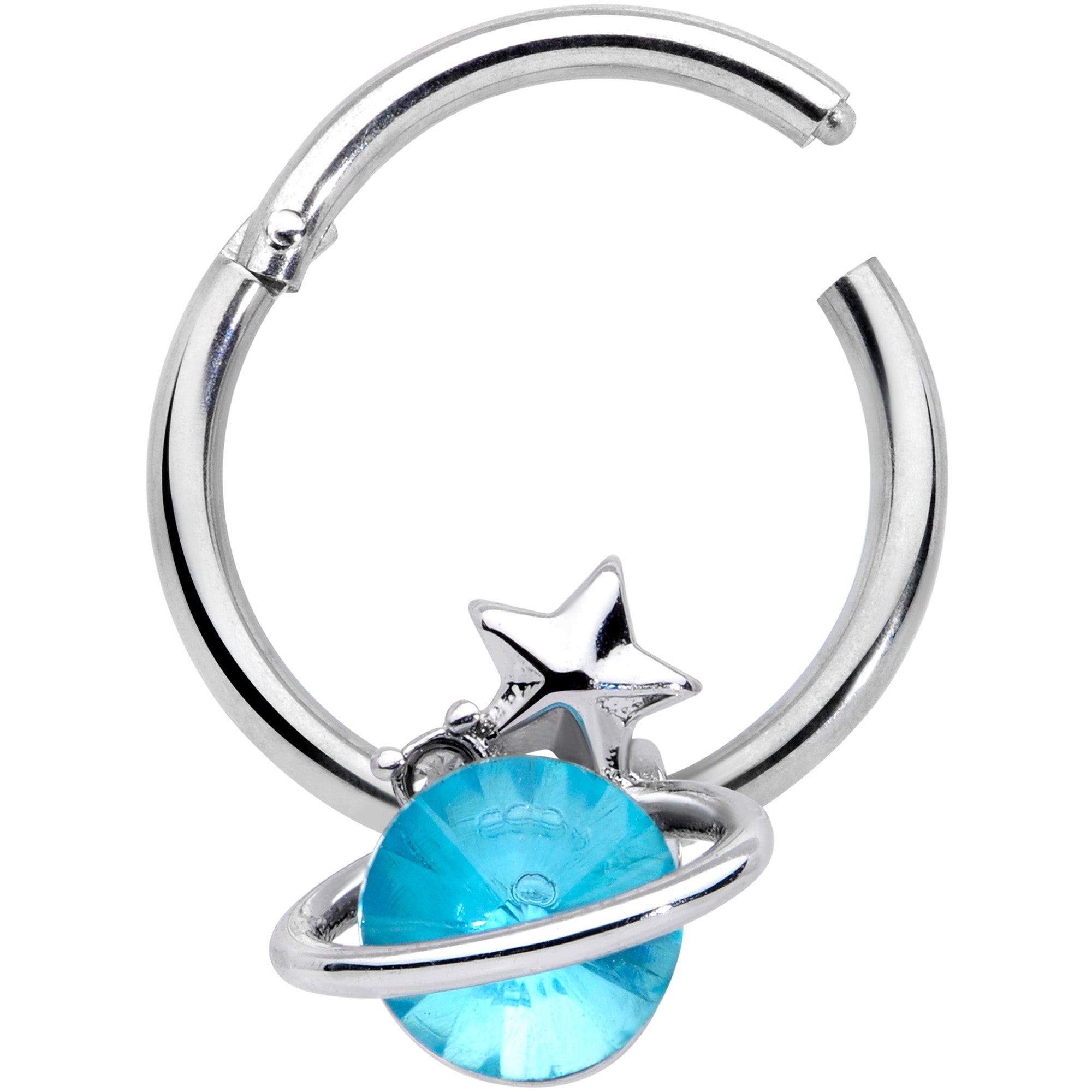 16 Gauge 3/8 Aqua Gem Star Saturn Planet Hinged Segment Ring