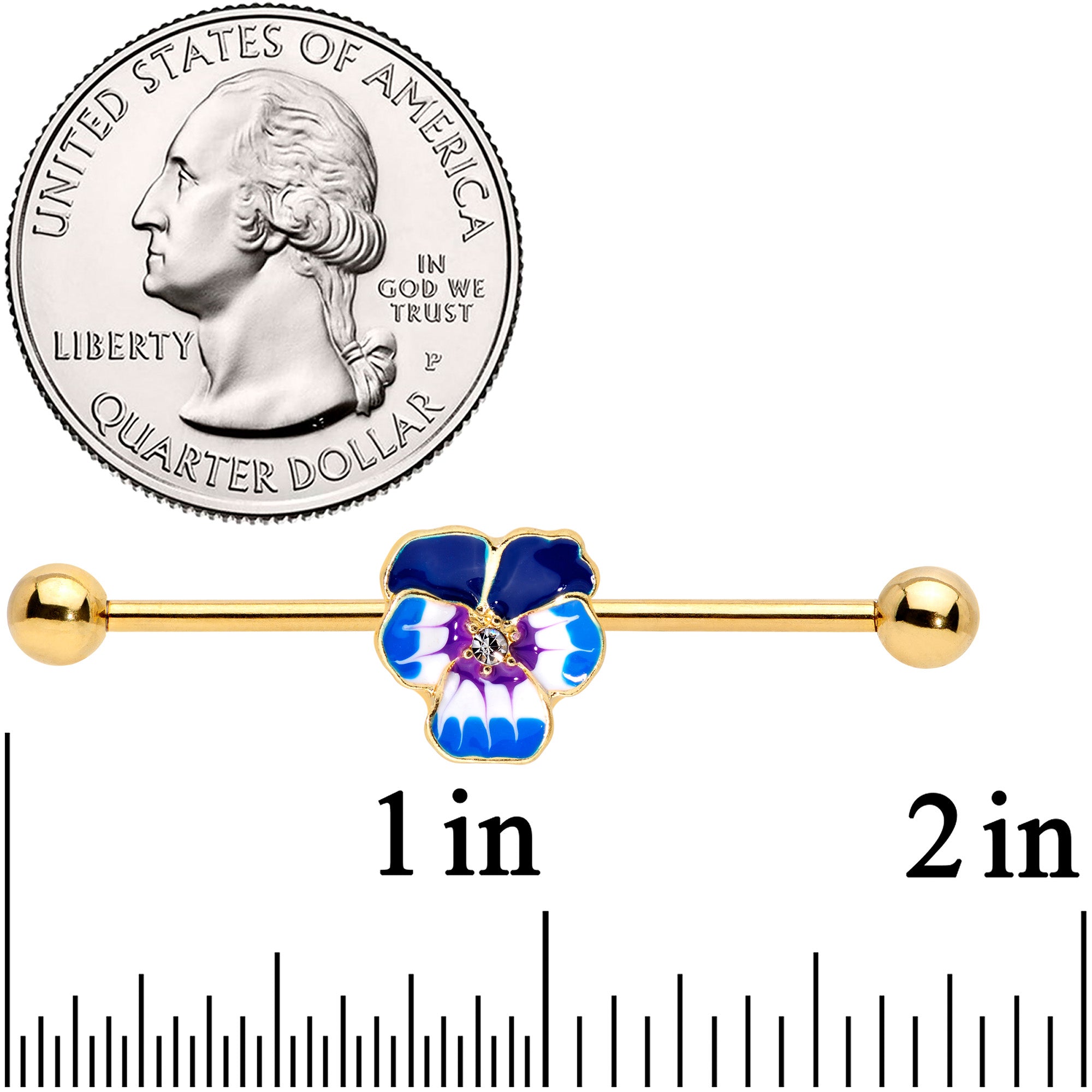 14 Gauge Clear Gem Gold Hue Blue Spring Flower Industrial Barbell 38mm