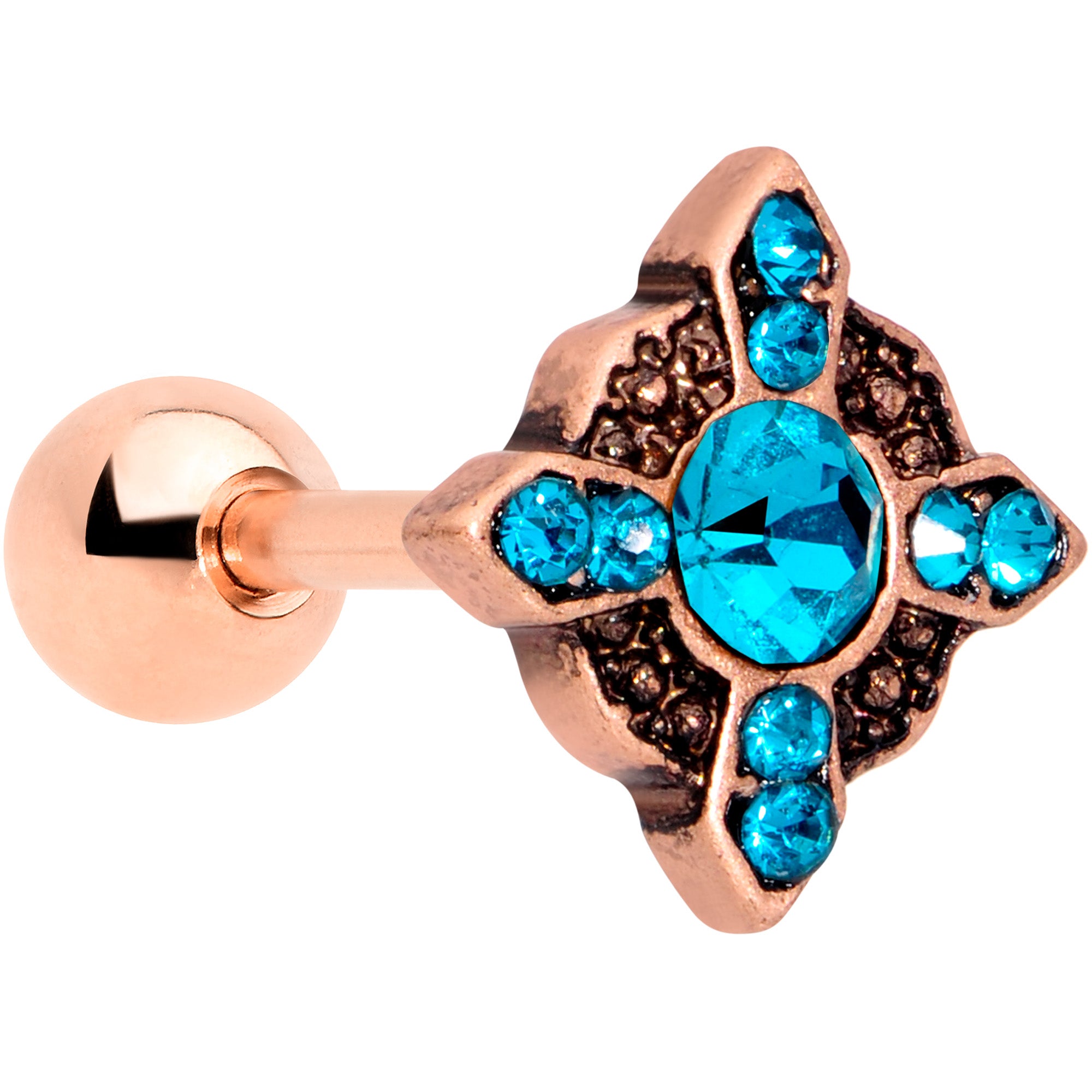 16 Gauge 1/4 Aqua Gem Rose Gold Tone Renaissance Cartilage Tragus