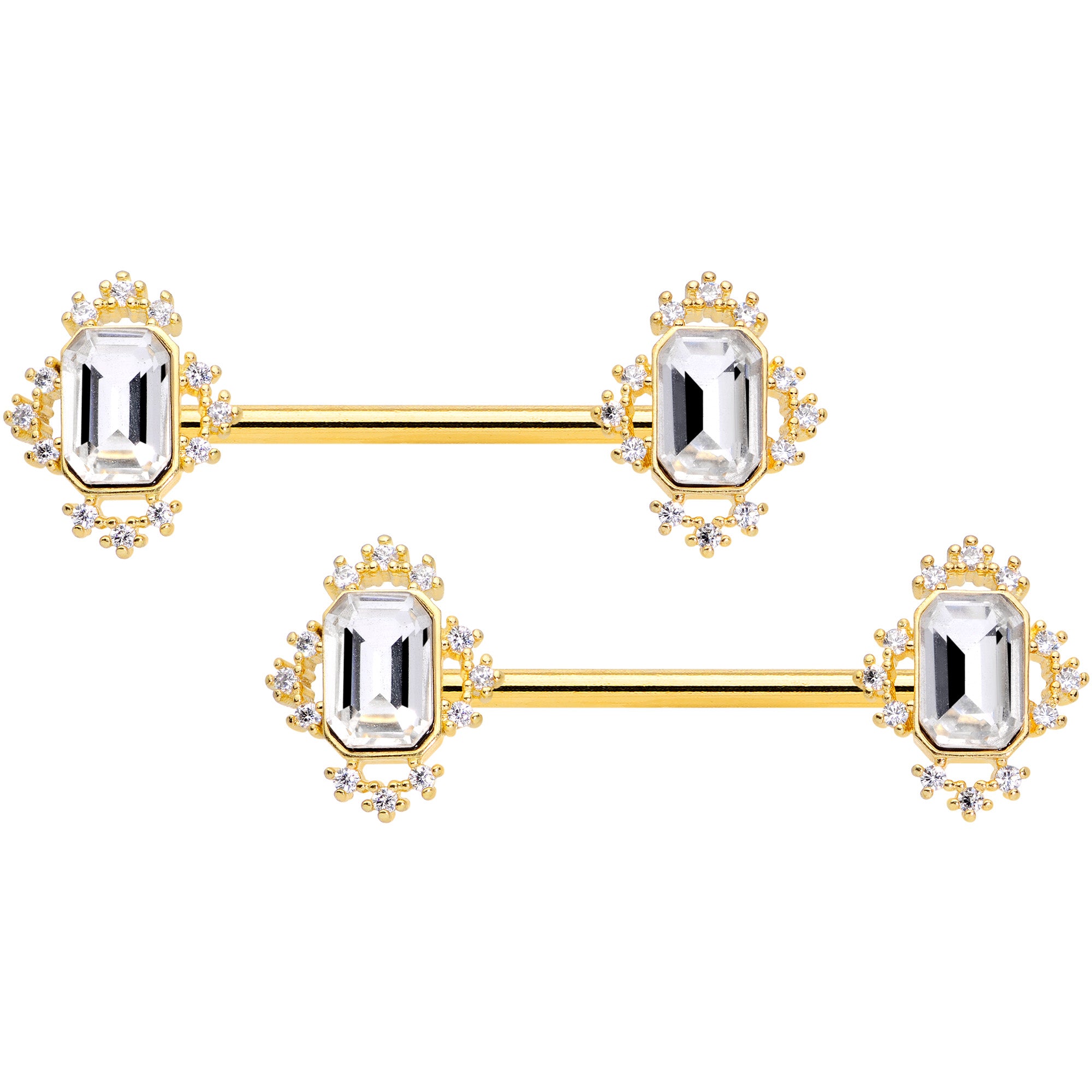 14 Gauge 9/16 Clear Gem Gold Tone Regal Rectangle Nipple Ring Set