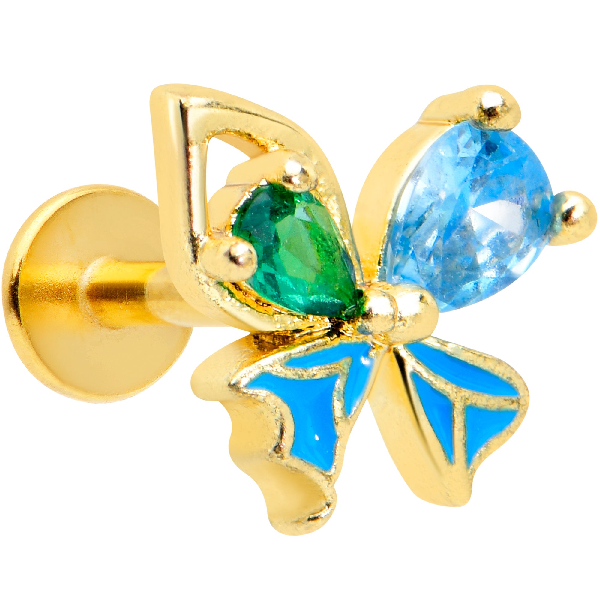 16 Gauge 1/4 Blue Green Gem Gold Tone Sweet Butterfly Labret Tragus