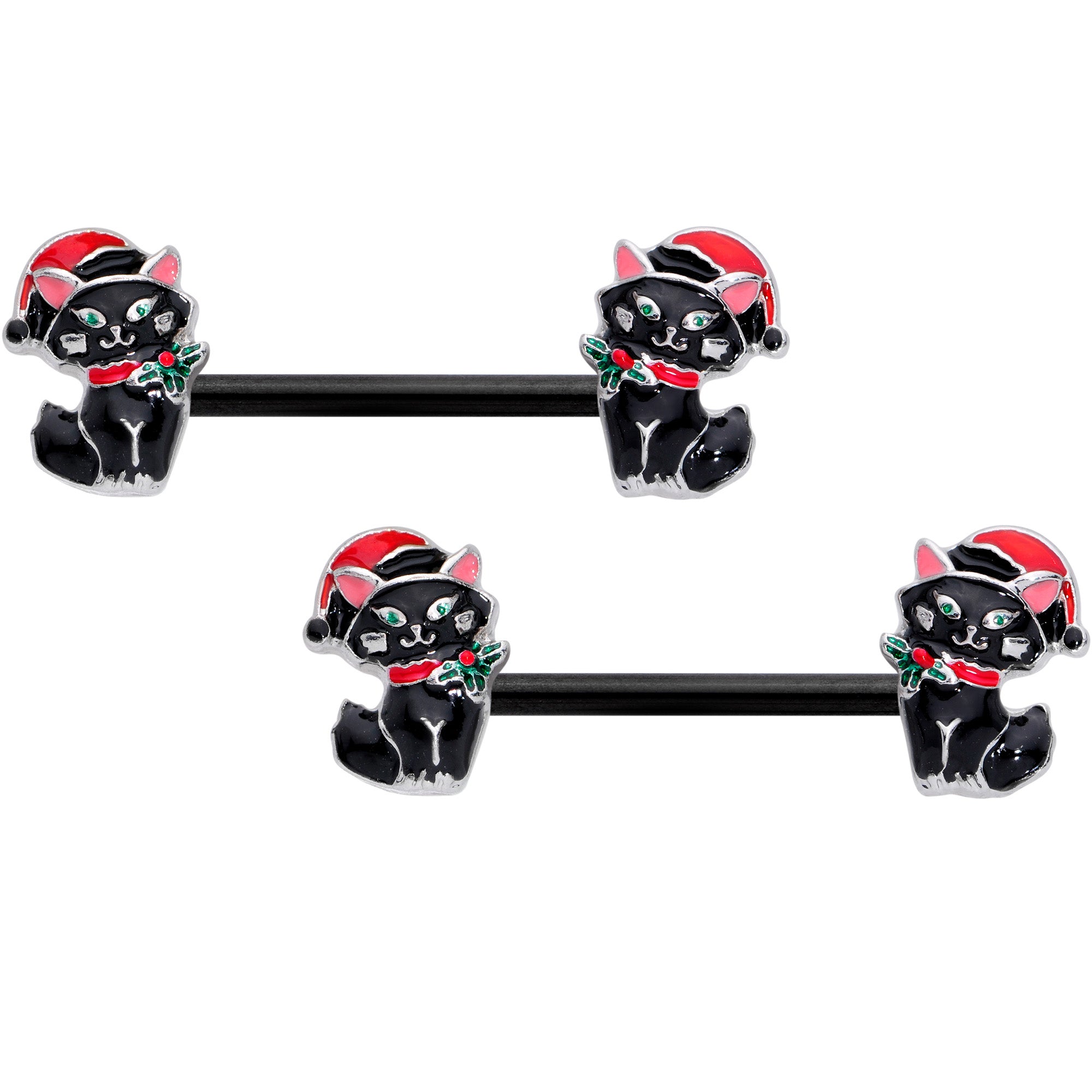 14 Gauge 9/16 Black Santa Claus Cat Christmas Barbell Nipple Ring Set