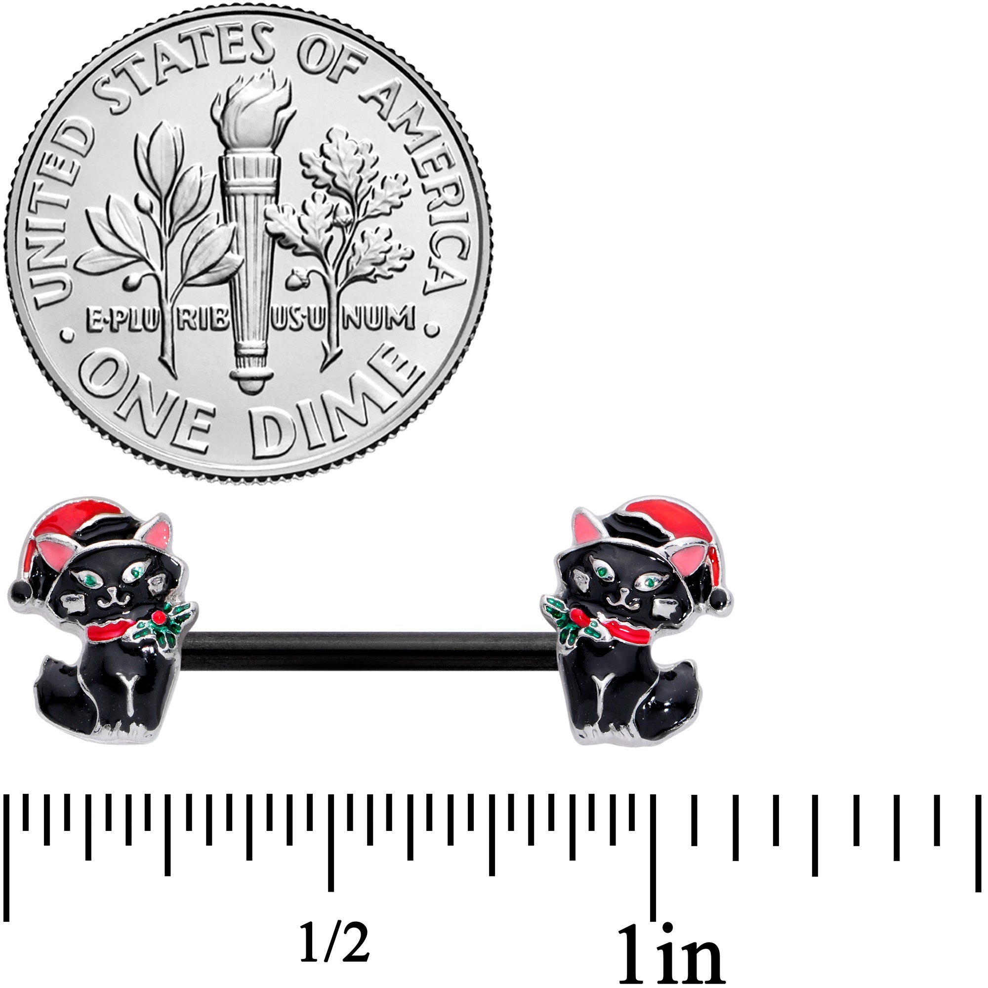 14 Gauge 9/16 Black Santa Claus Cat Christmas Barbell Nipple Ring Set