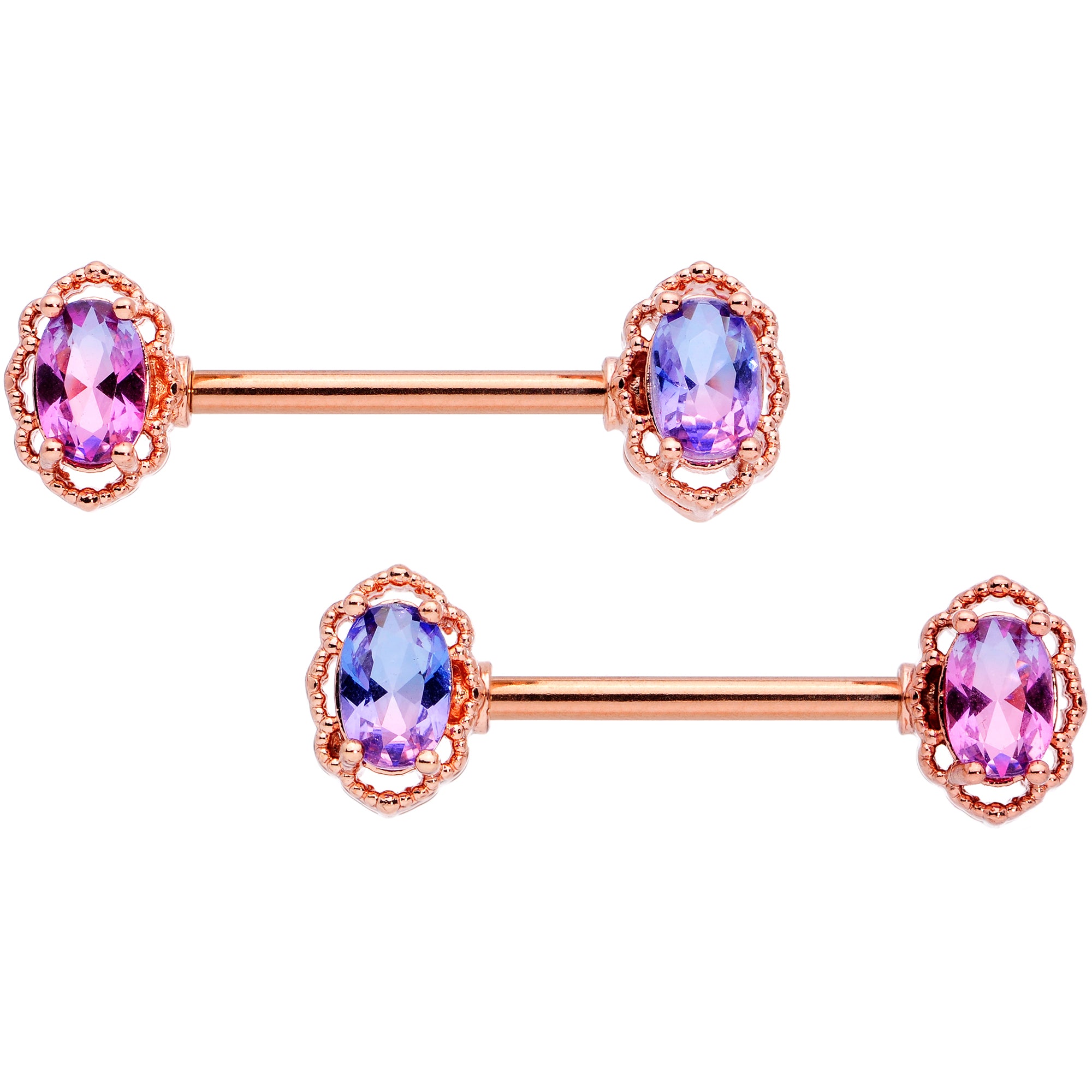 14 Gauge 9/16 Purple Tourmaline Rose Gold Tone Nipple Ring Set