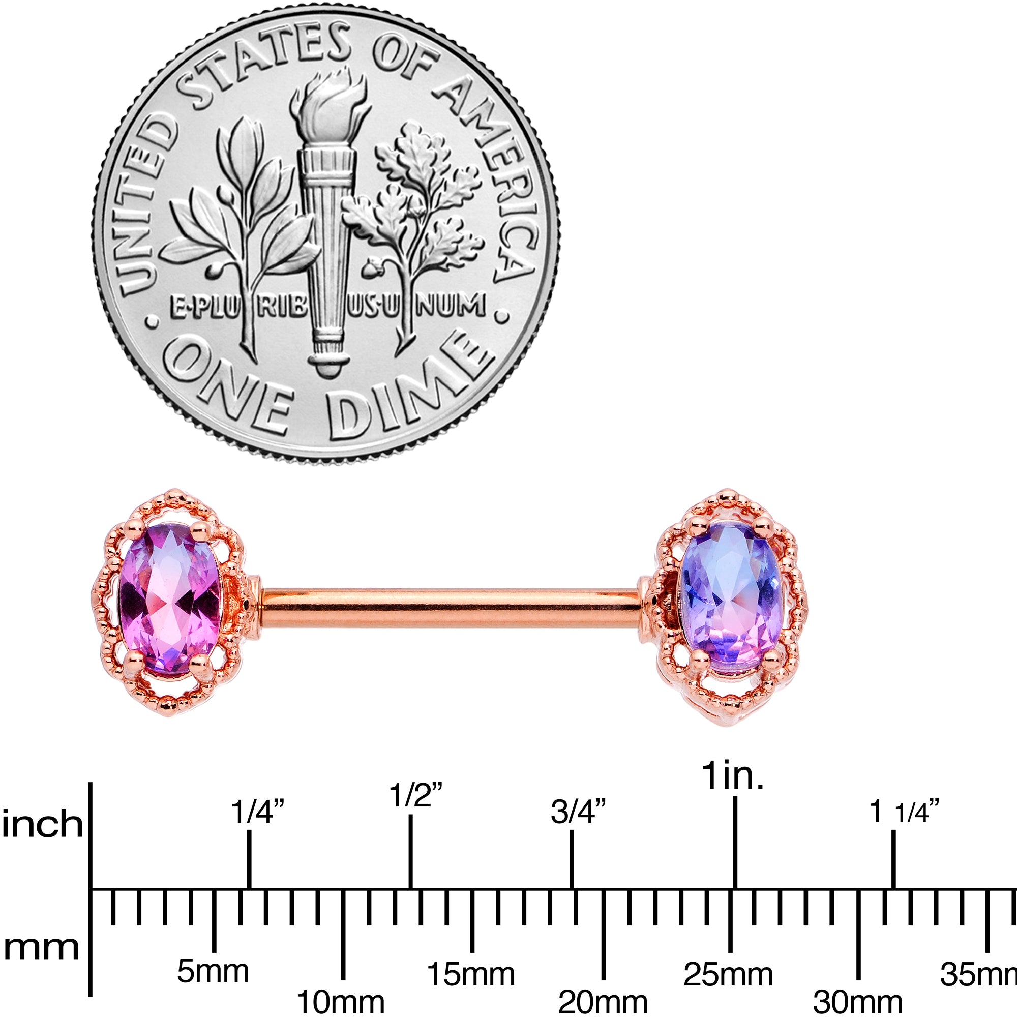 14 Gauge 9/16 Purple Tourmaline Rose Gold Tone Nipple Ring Set