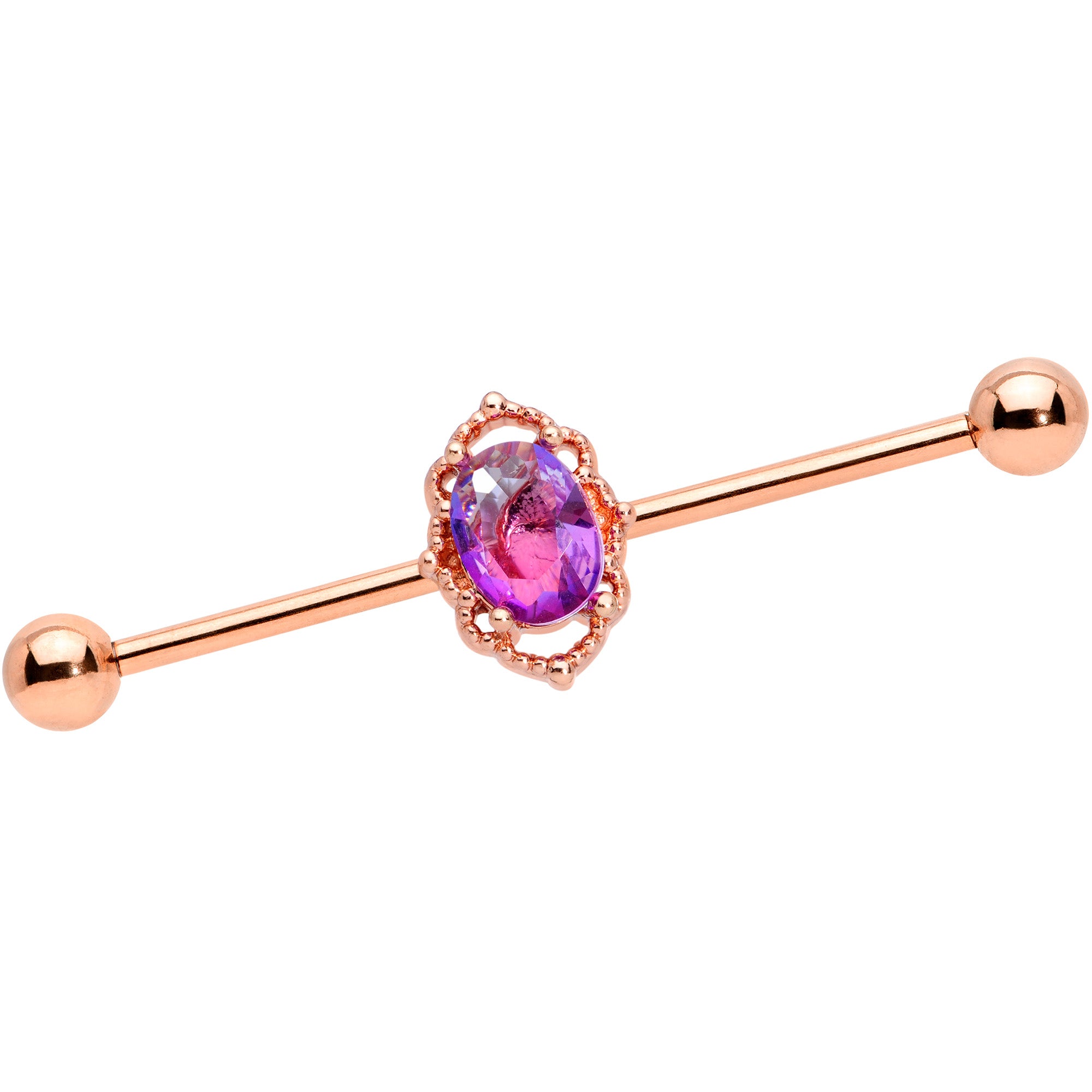 14 Gauge Purple Tourmaline Rose Gold Tone Industrial Barbell 38mm