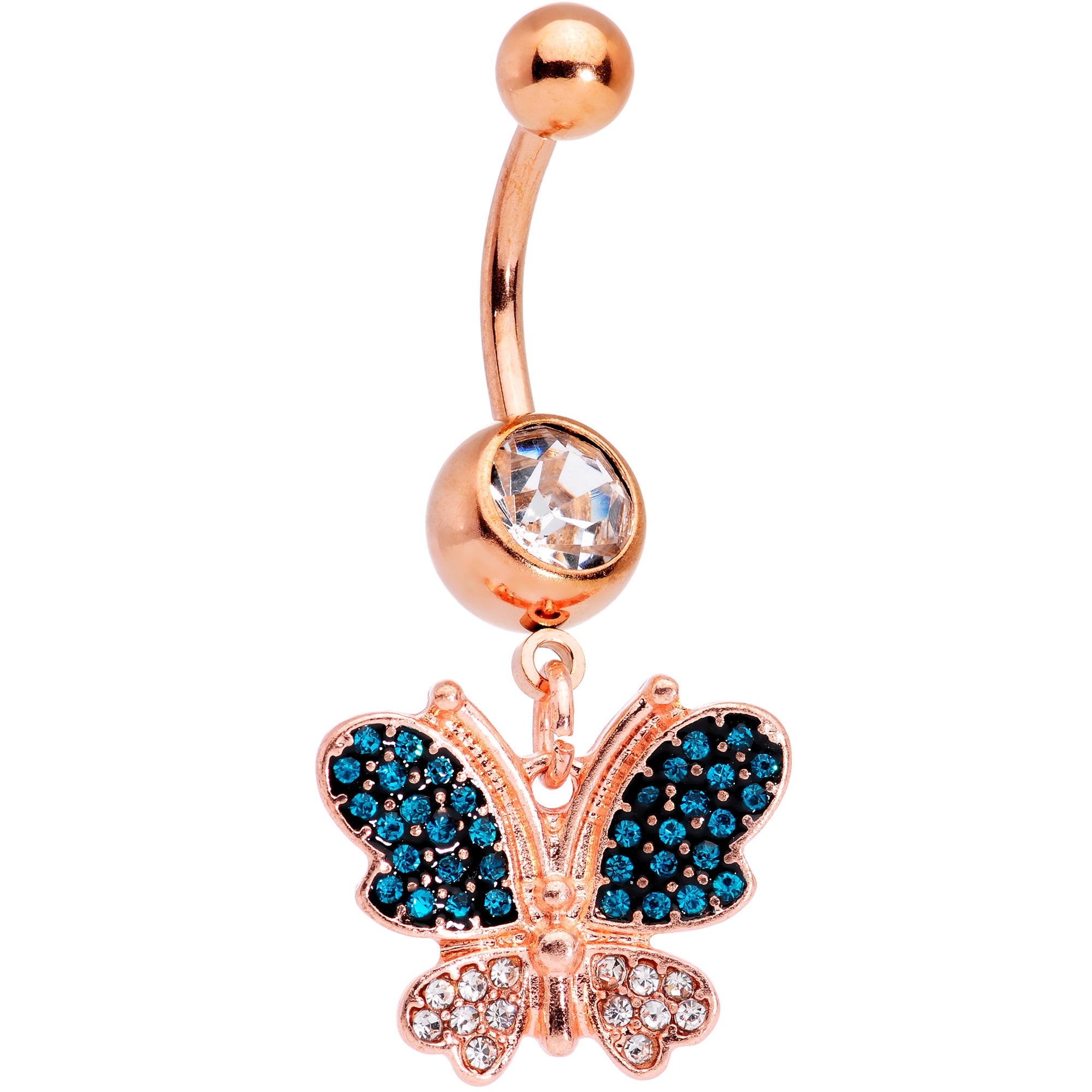 Clear Aqua Gems Rose Gold Tone Glam Butterfly Dangle Belly Ring